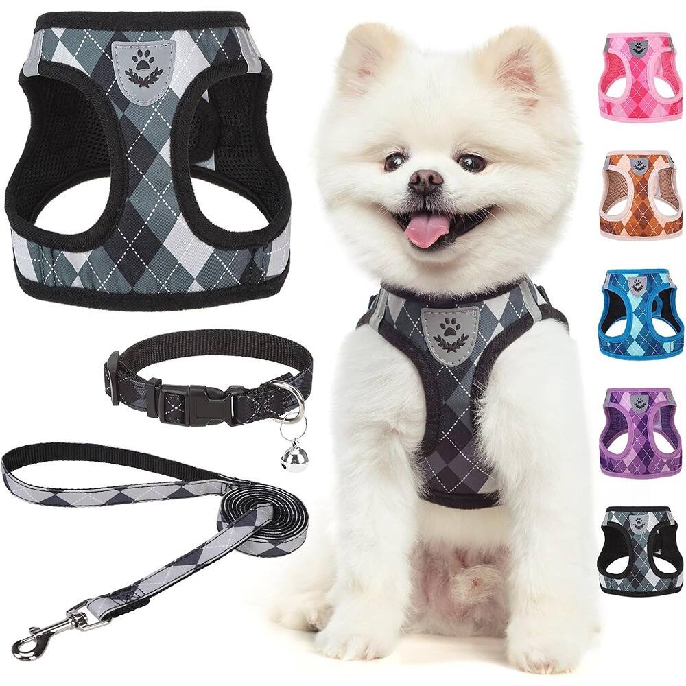 Front. MOSZAR LLC - Black Plaid Dog Harness and Leash Set with Reflective Soft Mesh - Black.