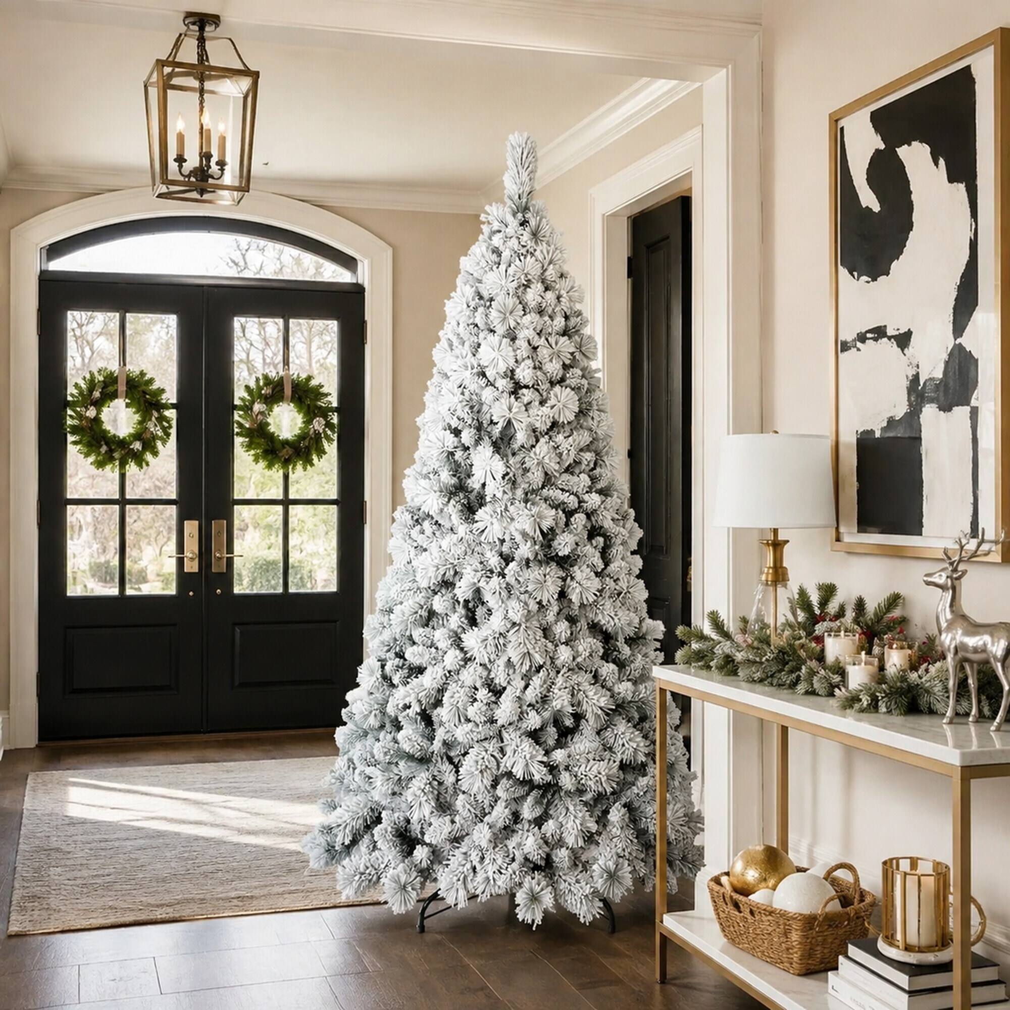 Alt View 2. RYHNUYNE - 9FT Flocked Christmas Tree, 1964 Snowy PVC Hard Needle Branches Hinged Design Easy Setup Stable Metal Stand - Green,White.