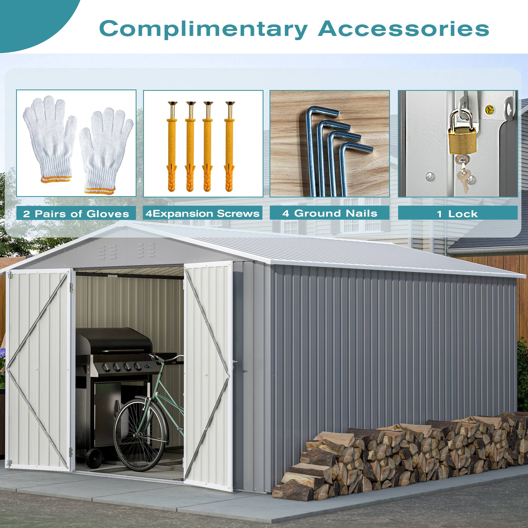 Complimentary Accessories

- 2 Pairs of Gloves
- 4 Expansion Screws
- 4 Ground Nails
- 1 Lock