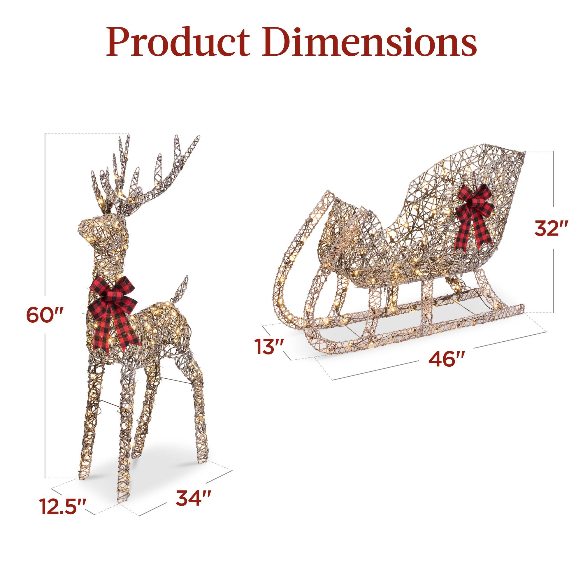 Product Dimensions

- Height: 60"
- Width: 34"
- Depth: 12.5"
- Length of Reindeer: 13"
- Length of Sleigh: 46"
- Height of Sleigh: 32"