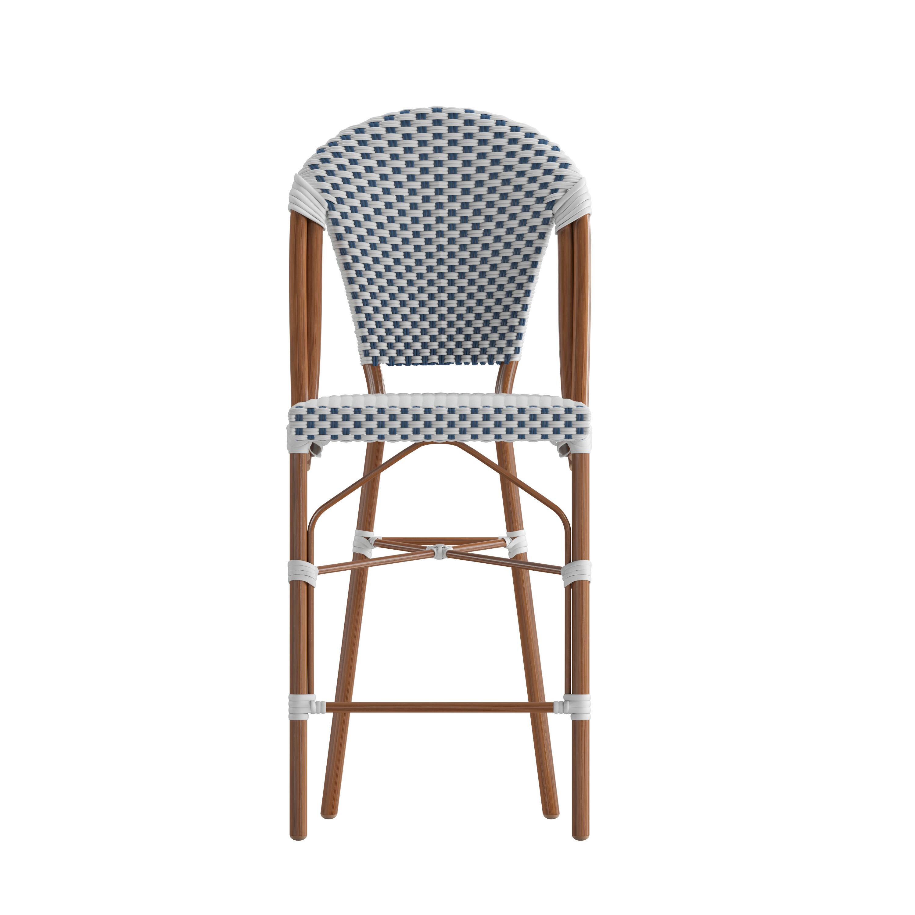 Angle. Flash Furniture - Lourdes Stackable Indoor/Outdoor Bistro 26" High Counter Height Stool, Commercial Grade, White/Navy and Bamboo Finish - Blue.
