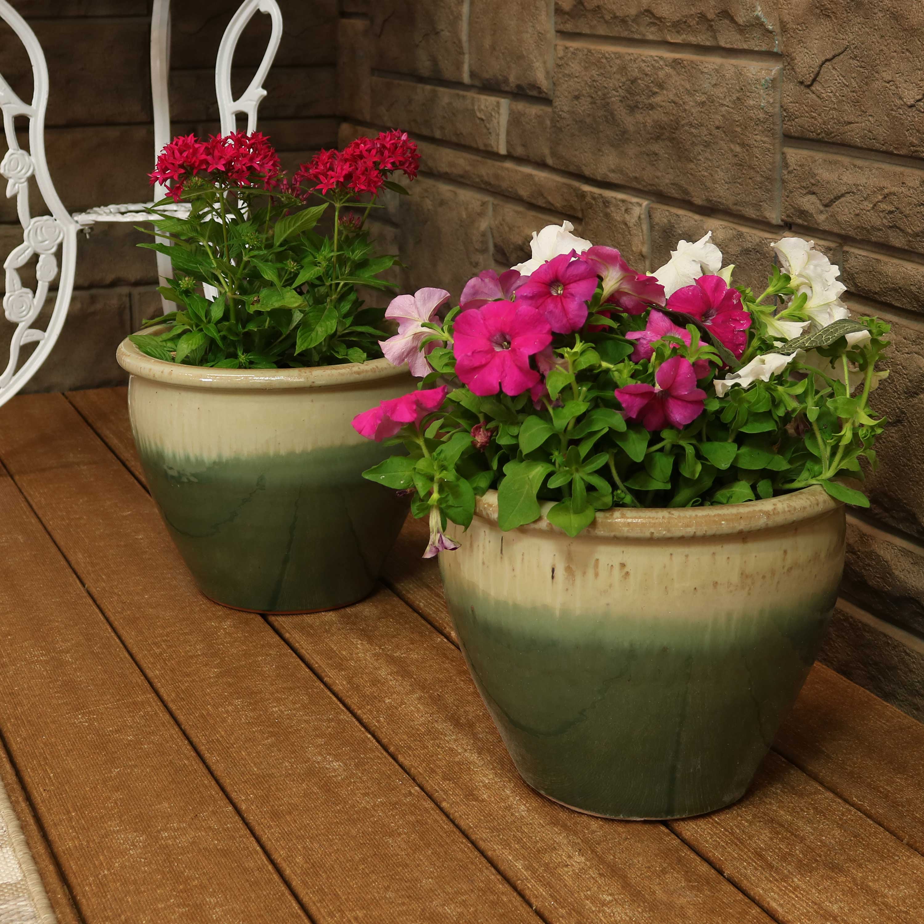 Alt View 1. Sunnydaze - 12 in Chalet Glazed Ceramic Planter - Set of 2 - Seafoam.