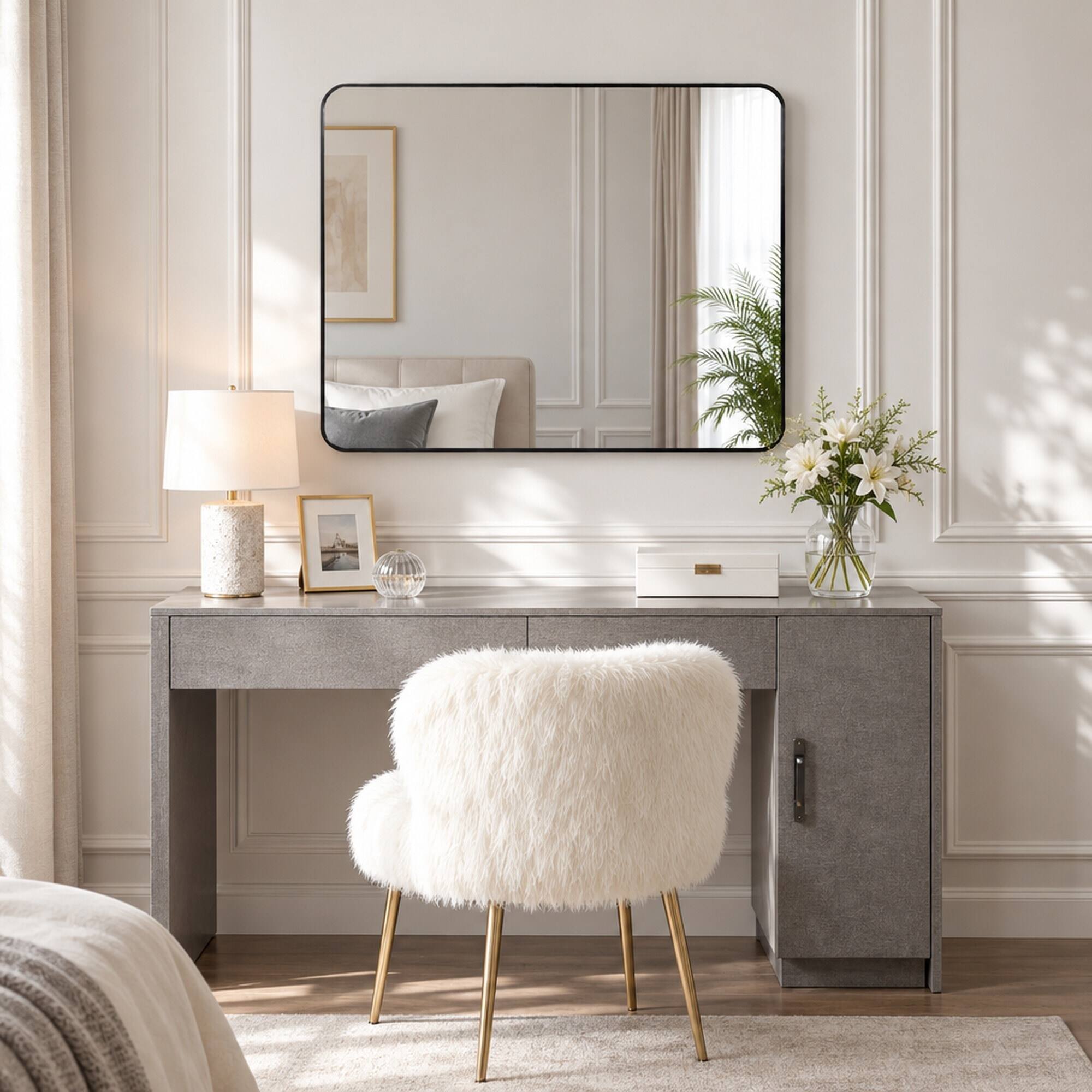 Alt View 2. RYHNUYNE - 30 in x 30 in Square Bathroom Mirror, HD Glass, Brushed Aluminum Frame, Wall Mounted.