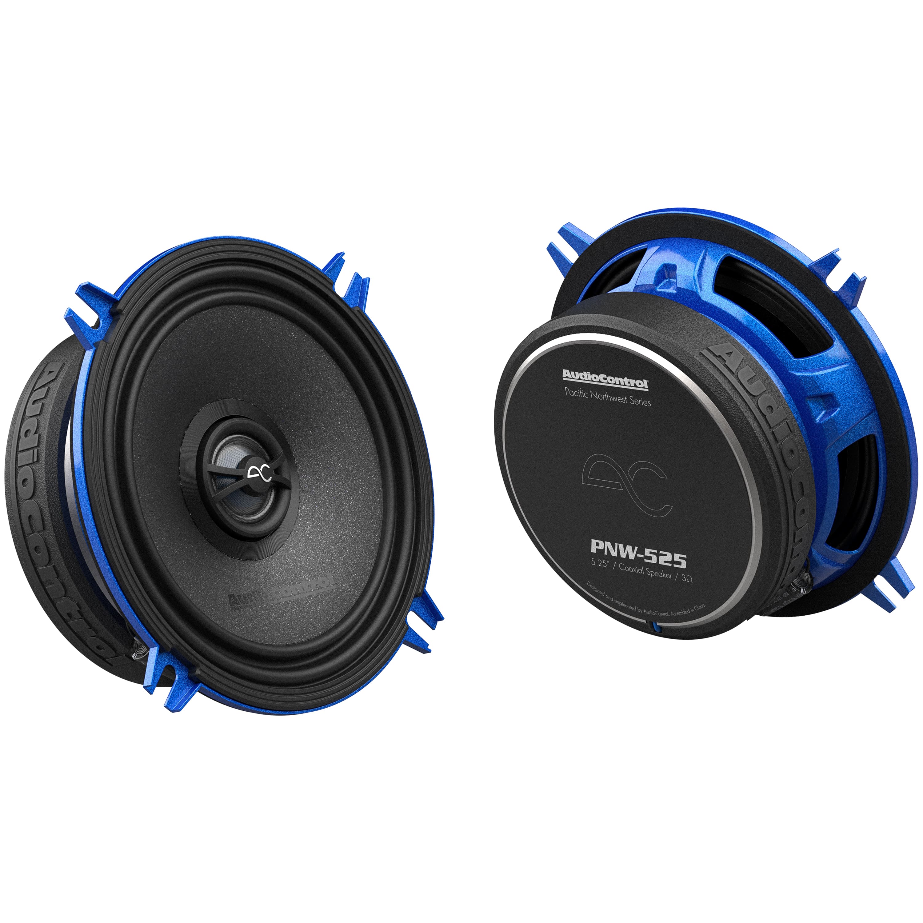 The image features a pair of blue and black speakers, one of which is a subwoofer. The speakers are part of the PNW-525 series by AudioControl. The subwoofer is shown in the foreground, while the other speaker is in the background. The speakers are designed for high-quality audio reproduction, providing an immersive listening experience.