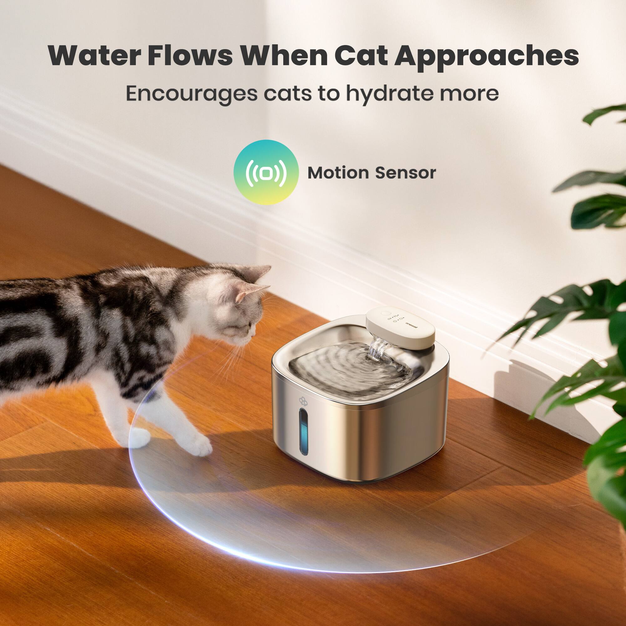 Water Flows When Cat Approaches  
Encourages cats to hydrate more  

Motion Sensor