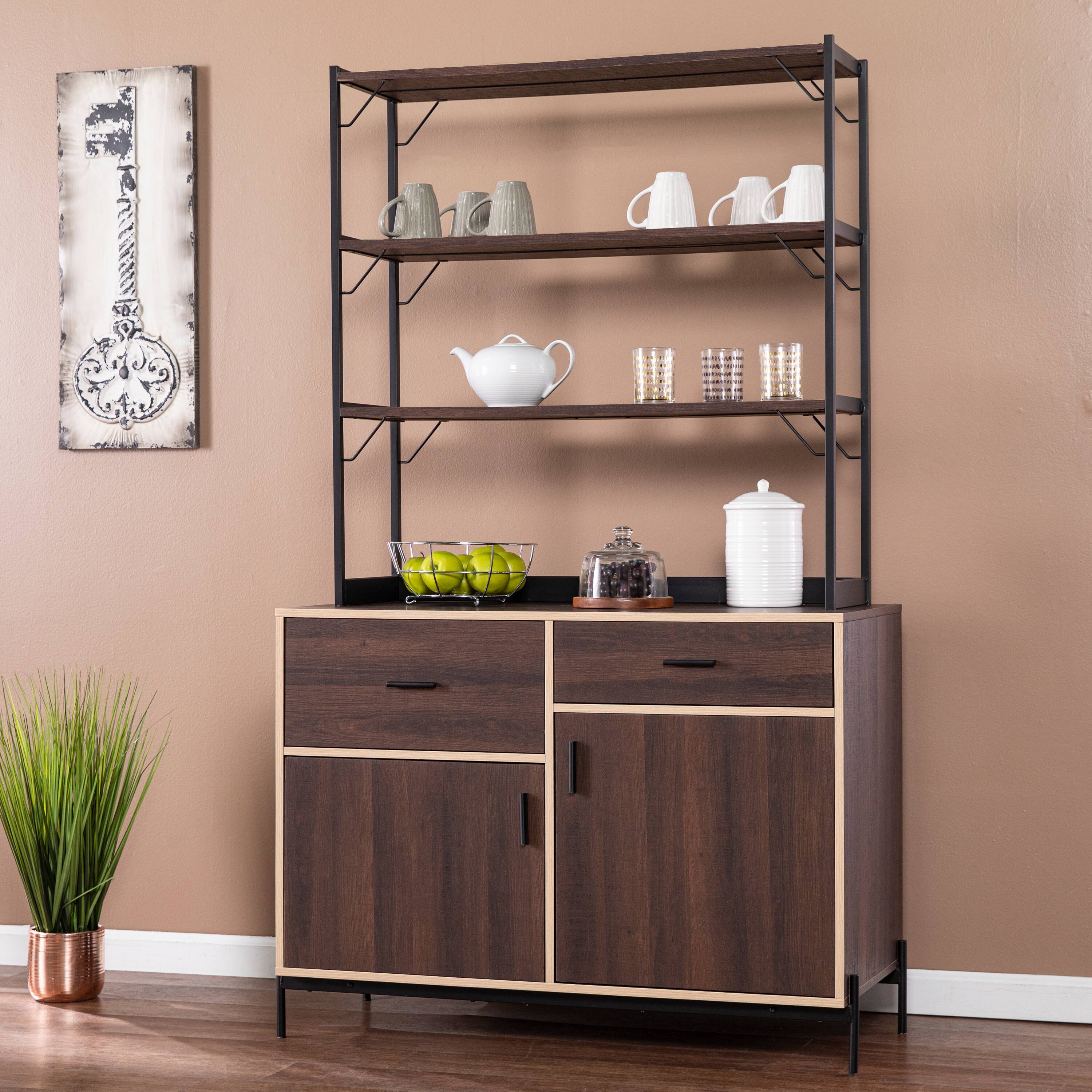 Angle. SEI Furniture - Attingham Kitchen Storage Shelf - Brown, black, and natural finish.