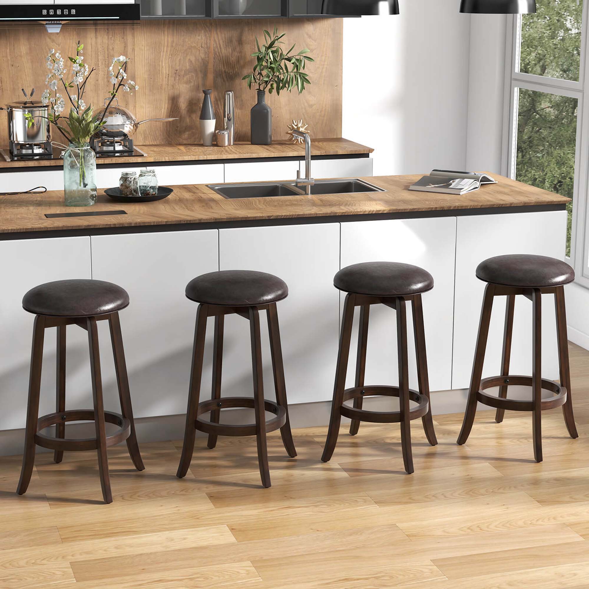 Alt View 1. Costway - 29" Counter Height Stools Set of 4 with 360° Swivel Round Seat & Footrest - Brown.