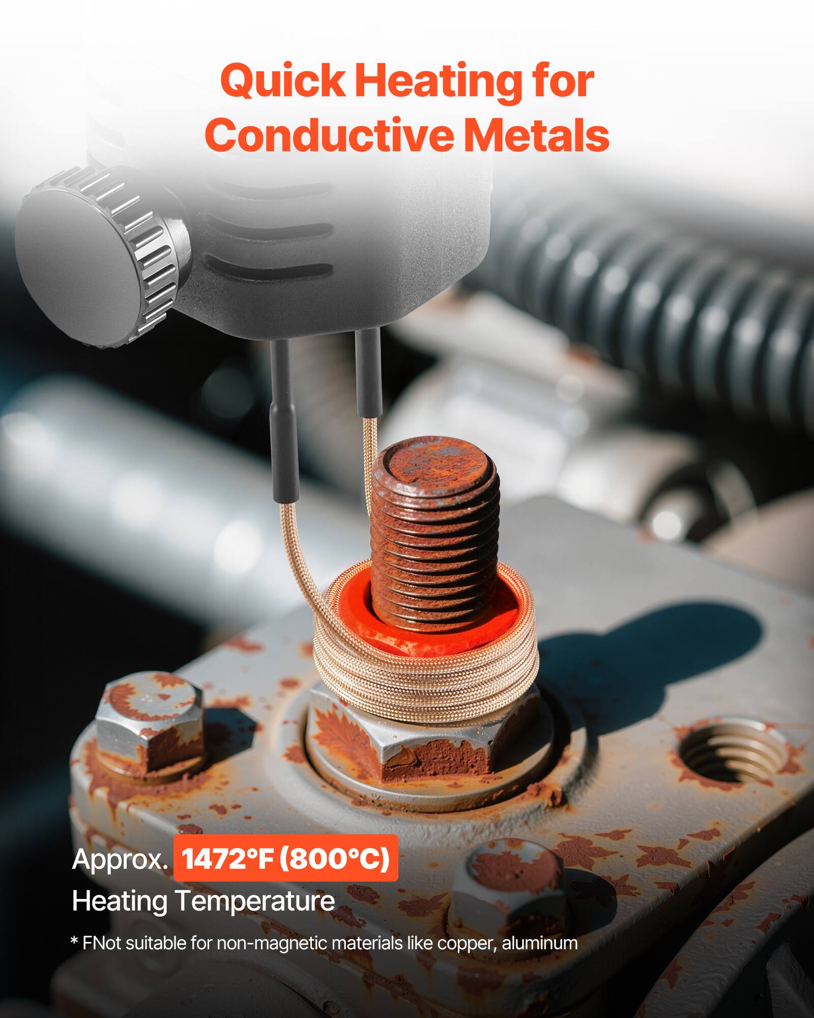 Quick Heating for Conductive Metals

Approx. 1472°F (800°C) Heating Temperature

*Not suitable for non-magnetic materials like copper, aluminum