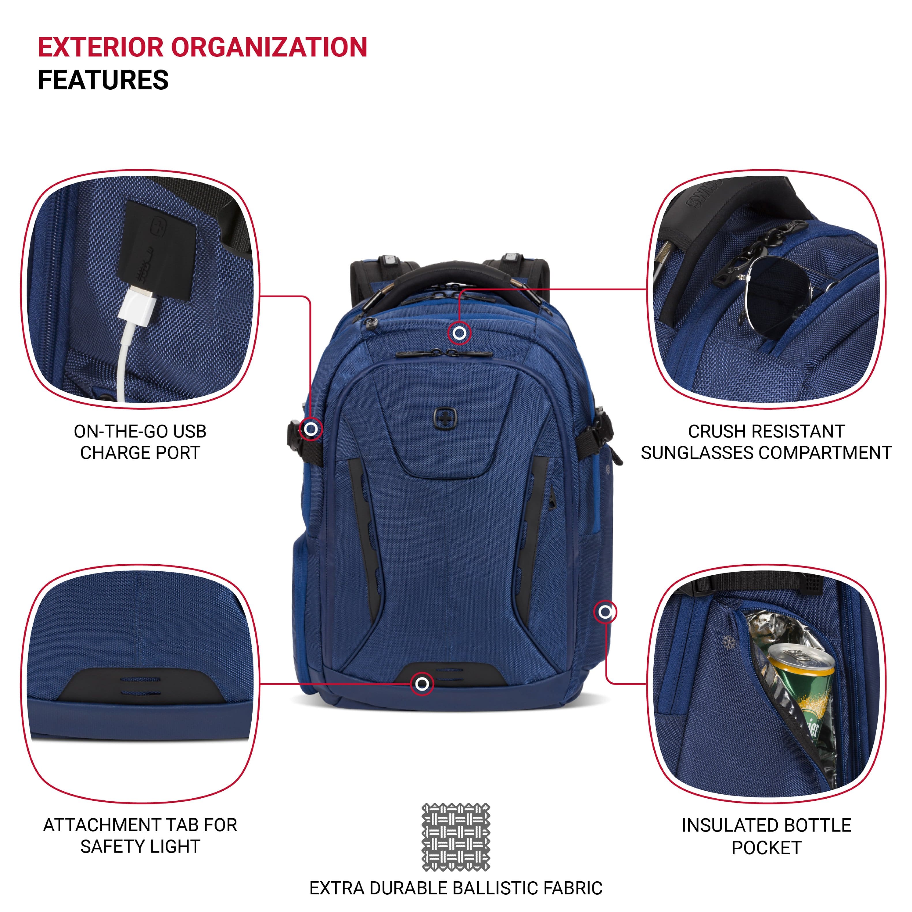 EXTERIOR ORGANIZATION FEATURES: ON-THE-GO USB CHARGE PORT, CRUSH RESISTANT SUNGLASSES COMPARTMENT, ATTACHMENT TAB FOR SAFETY LIGHT, INSULATED BOTTLE POCKET, EXTRA DURABLE BALLISTIC FABRIC.
