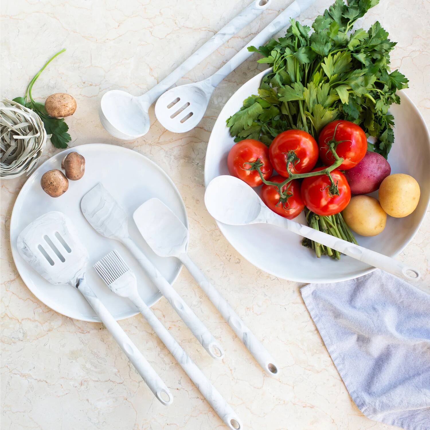Left. Better Houseware - 8-Piece Silicone Utensils Set Marble Design - White Marble.