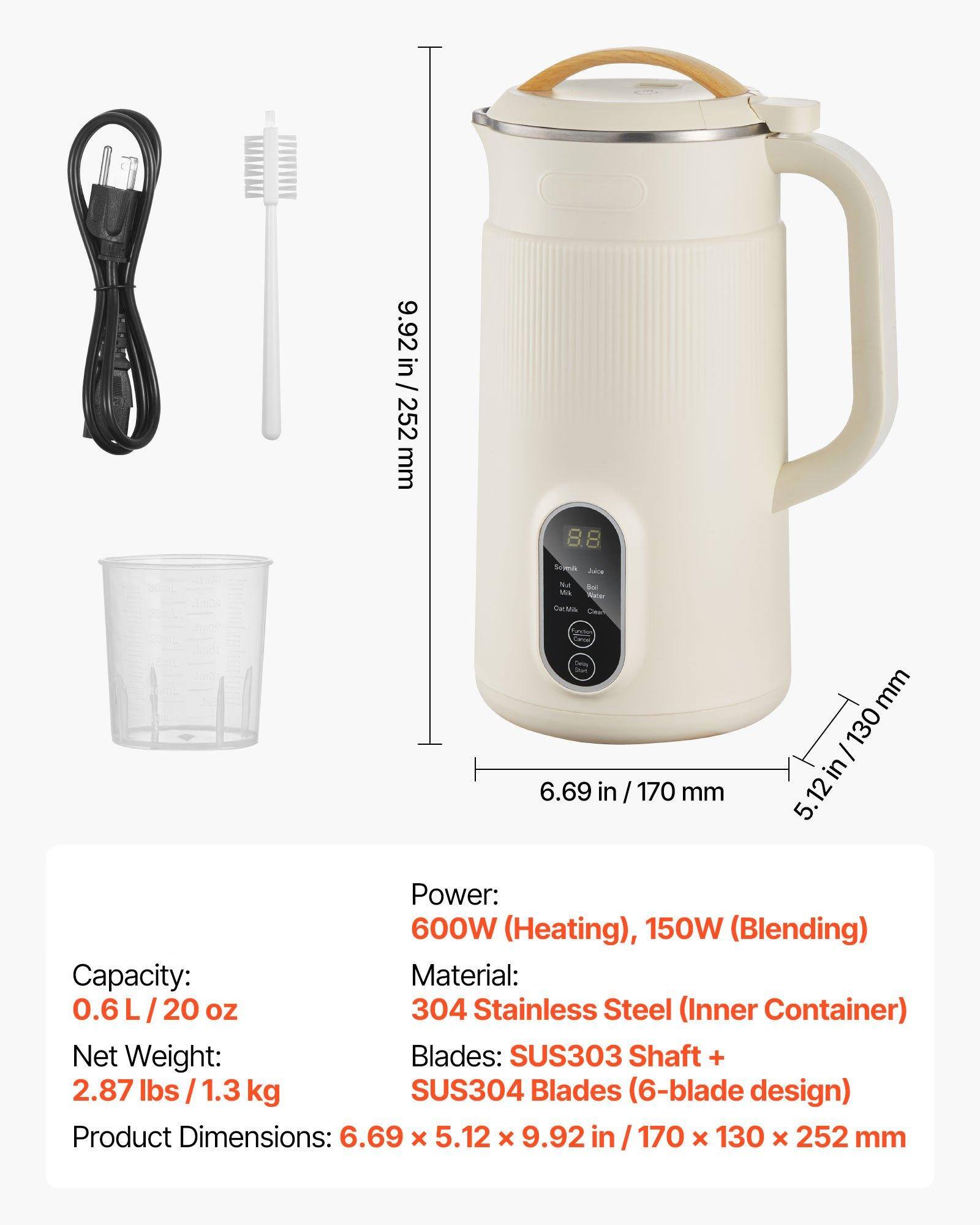 Power: 600W (Heating), 150W (Blending)  
Capacity: 0.6 L / 20 oz  
Material: 304 Stainless Steel (Inner Container)  
Net Weight: 2.87 lbs / 1.3 kg  
Blades: SUS303 Shaft + SUS304 Blades (6-blade design)  
Product Dimensions: 6.69 in x 5.12 in x 9.92 in / 170 mm x 130 mm x 252 mm