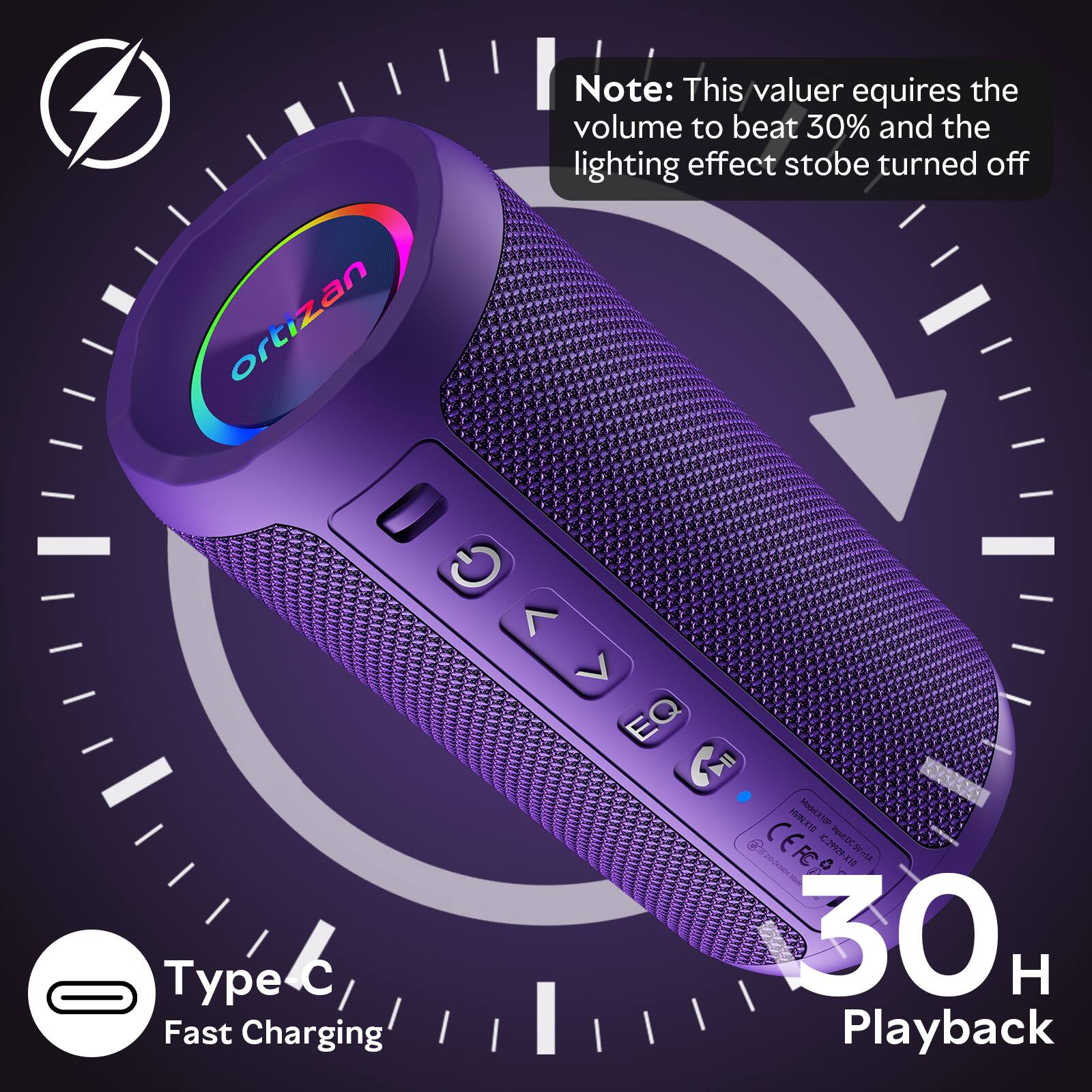 Note: This valuer requires the volume to beat 30% and the lighting effect stobe turned off

ortizan - C

EQ HRLSTO dd J0AM CEFCO DC19-14

Type C Fast Charging

30 H Playback