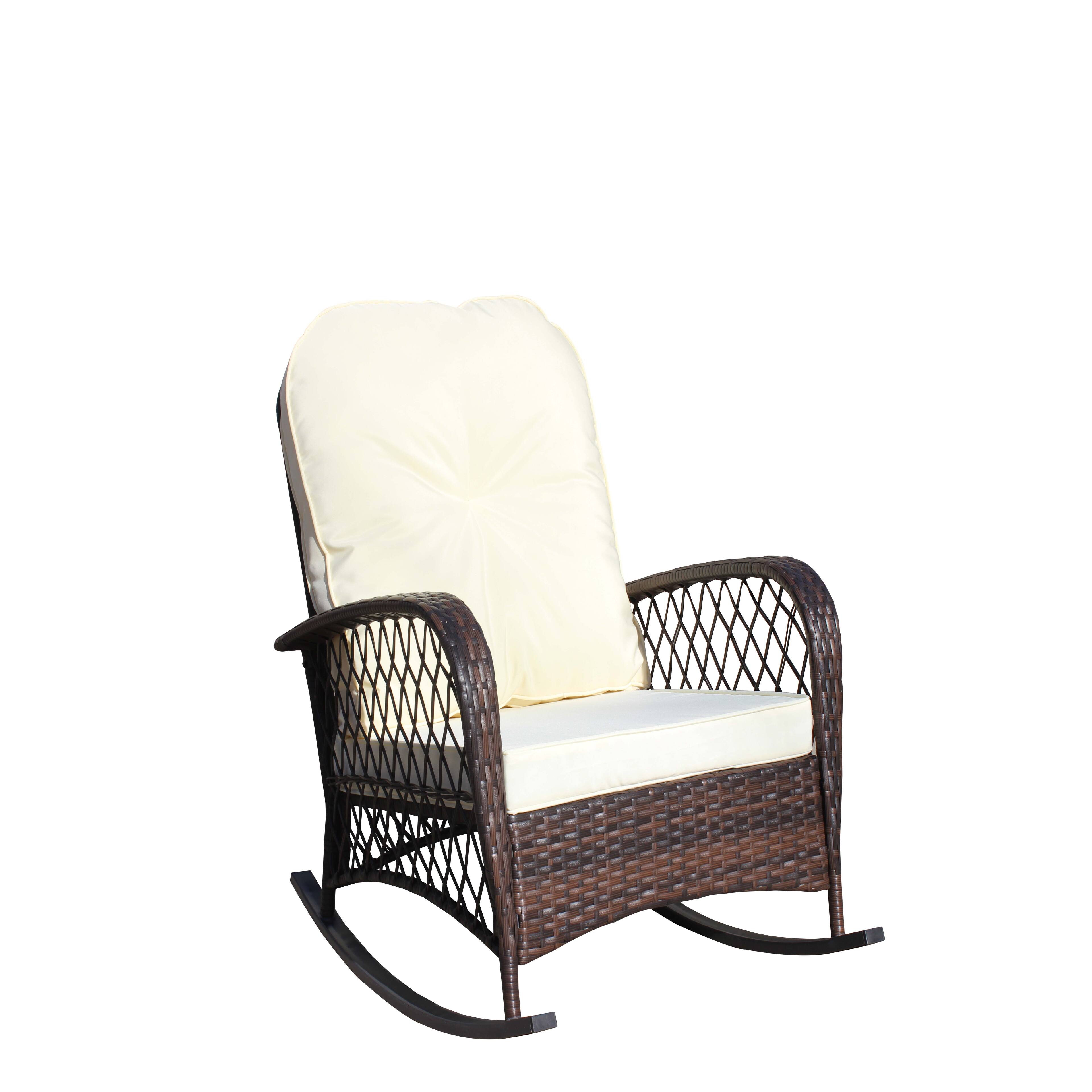 Alt View 9. Tiramisubest - Outdoor Wicker Rocking Chair with Wide Seat,Steel Frame & Thick Cushion for Patio,Garden,Backyard,Beige Cushion - Brown+Beige.