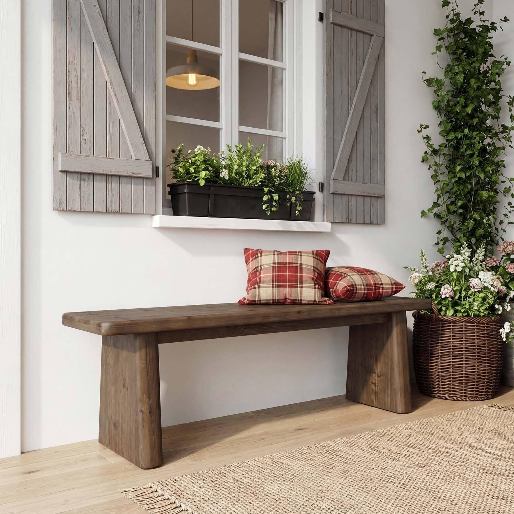 Left. Tribesigns - Solid Wood Entryway Bench, 55.1" Farmhouse Shoe Bench - Brown.