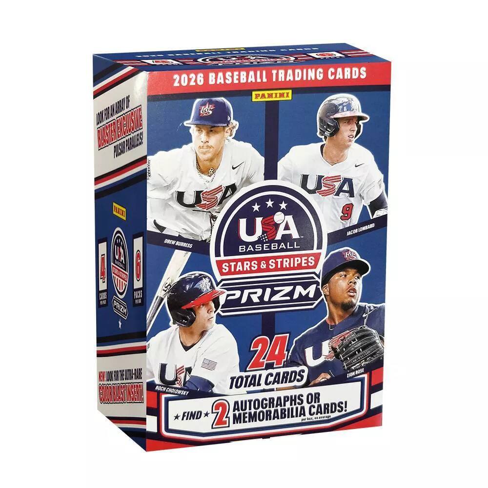 2026 BASEBALL TRADING CARDS FANINI AAAN  
USA BASEBALL  
STARS & STRIPES  
PRIZM  
24 TOTAL CARDS  
FIND 2 AUTOGRAPHS OR MEMORABILIA CARDS!