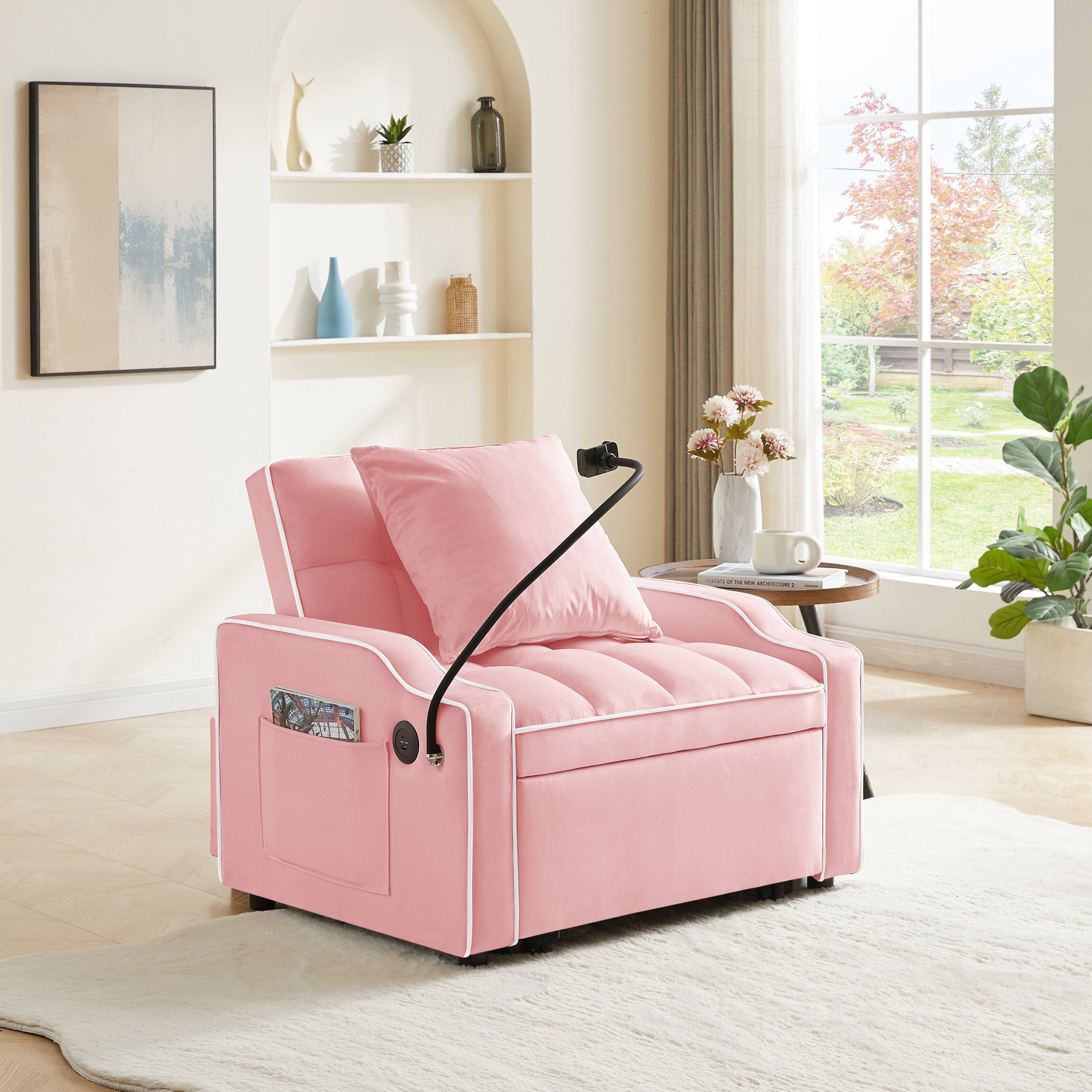 Angle. MERAVOM - Convertible Sofa Chair Bed, 3-in-1 Velvet Pull Out Chair, Sleeper Chair Bed With Adjustable Backrest for Living Room - Pink.