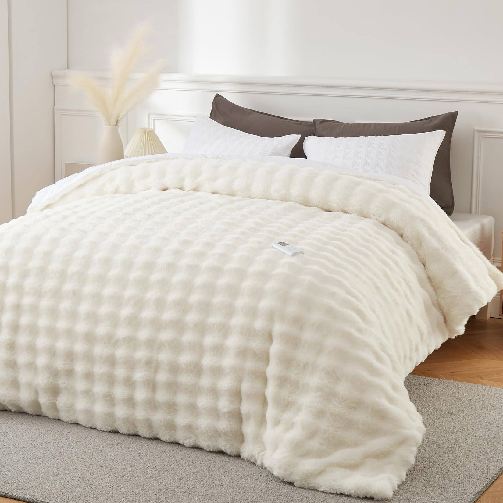 Front. Jojoka - Heated Comforter with Wireless Controller, Fluffy Faux Fur Comforter Blanket, 6 Heat Levels & 10 Hours Auto-Off - White.