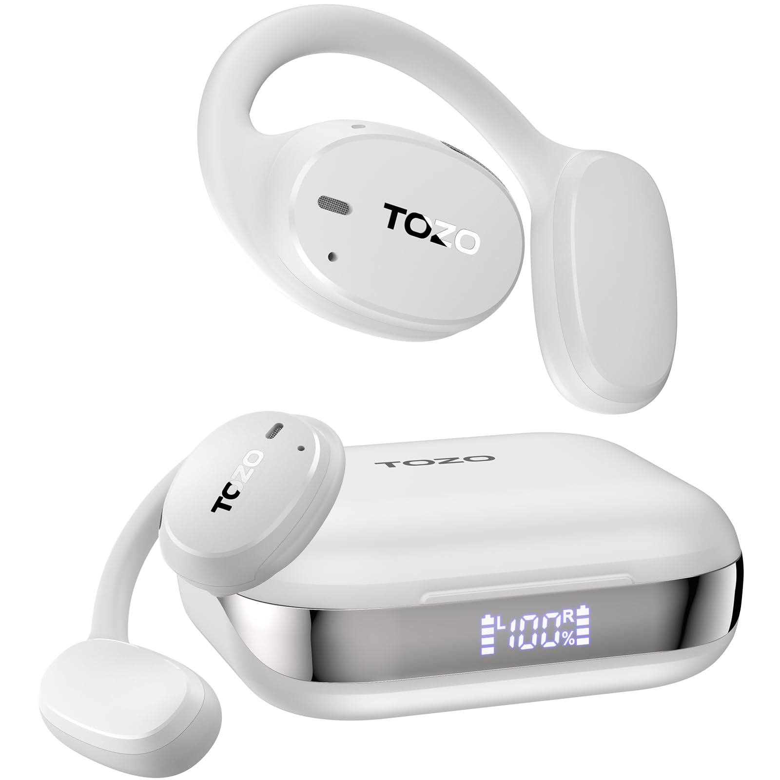 TOZO - OpenEgo Open Ear Earbuds, 80Hrs Playtime, Earhooks, Digital Display, 32 EQ, Clear Call, Sweat-Proof - White