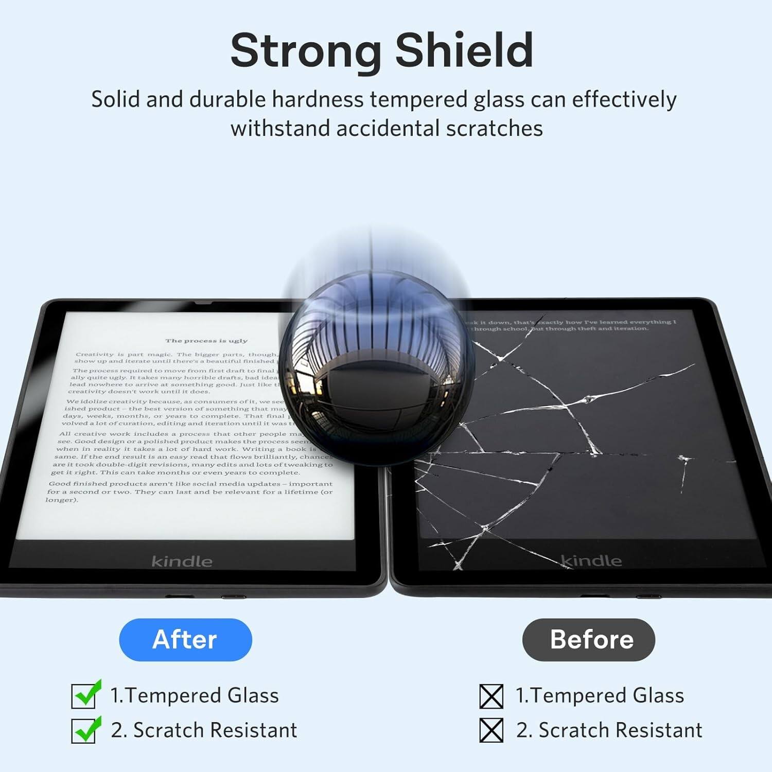 Strong Shield Solid and durable hardness tempered glass can effectively withstand accidental scratches. The tempered glass material is designed to resist scratches and provide a high level of protection for electronic devices. This ensures that the device remains in good condition and maintains its aesthetic appeal. The tempered glass material is also shatter-resistant, which means that it can withstand impacts and prevent the device from breaking into smaller pieces. This makes it a practical and reliable choice for protecting electronic devices such as tablets, smartphones, and laptops.
