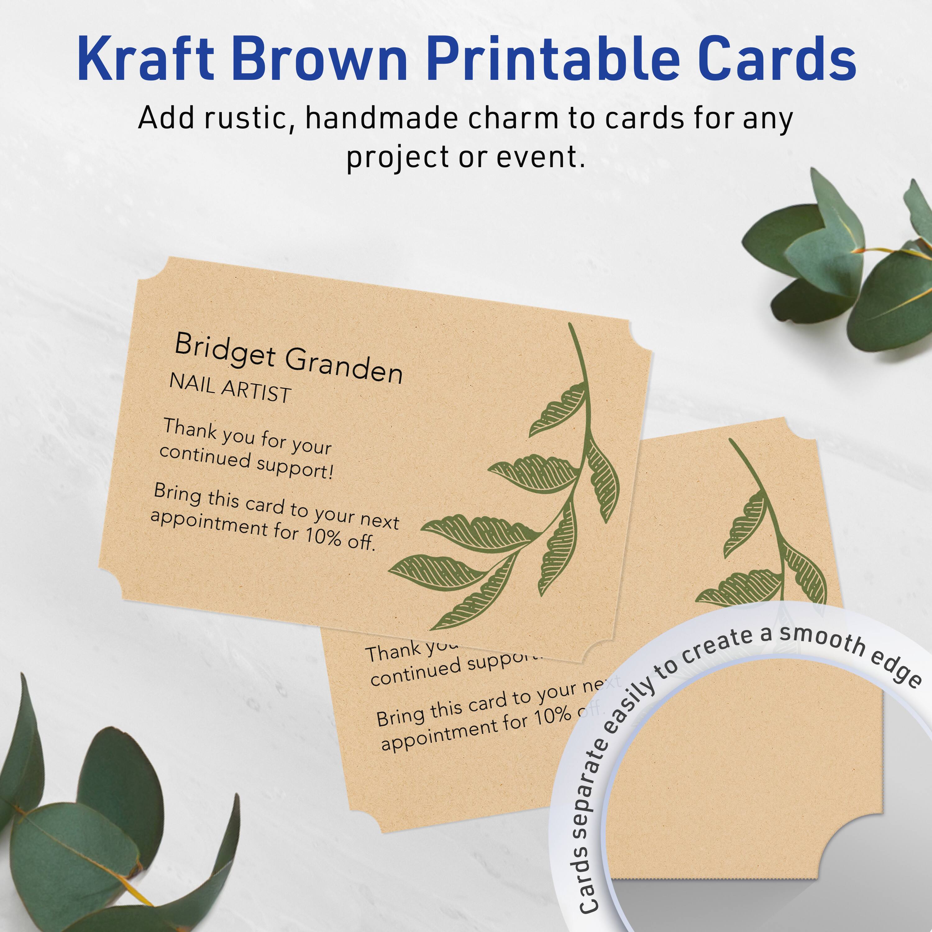 Kraft Brown Printable Cards  
Add rustic, handmade charm to cards for any project or event.

Bridget Granden  
NAIL ARTIST

Thank you for your continued support!  
Bring this card to your next appointment for 10% off.

Thank you for your continued support!  
Bring this card to your next appointment for 10% off.

Cards separate easily to create a smooth edge.