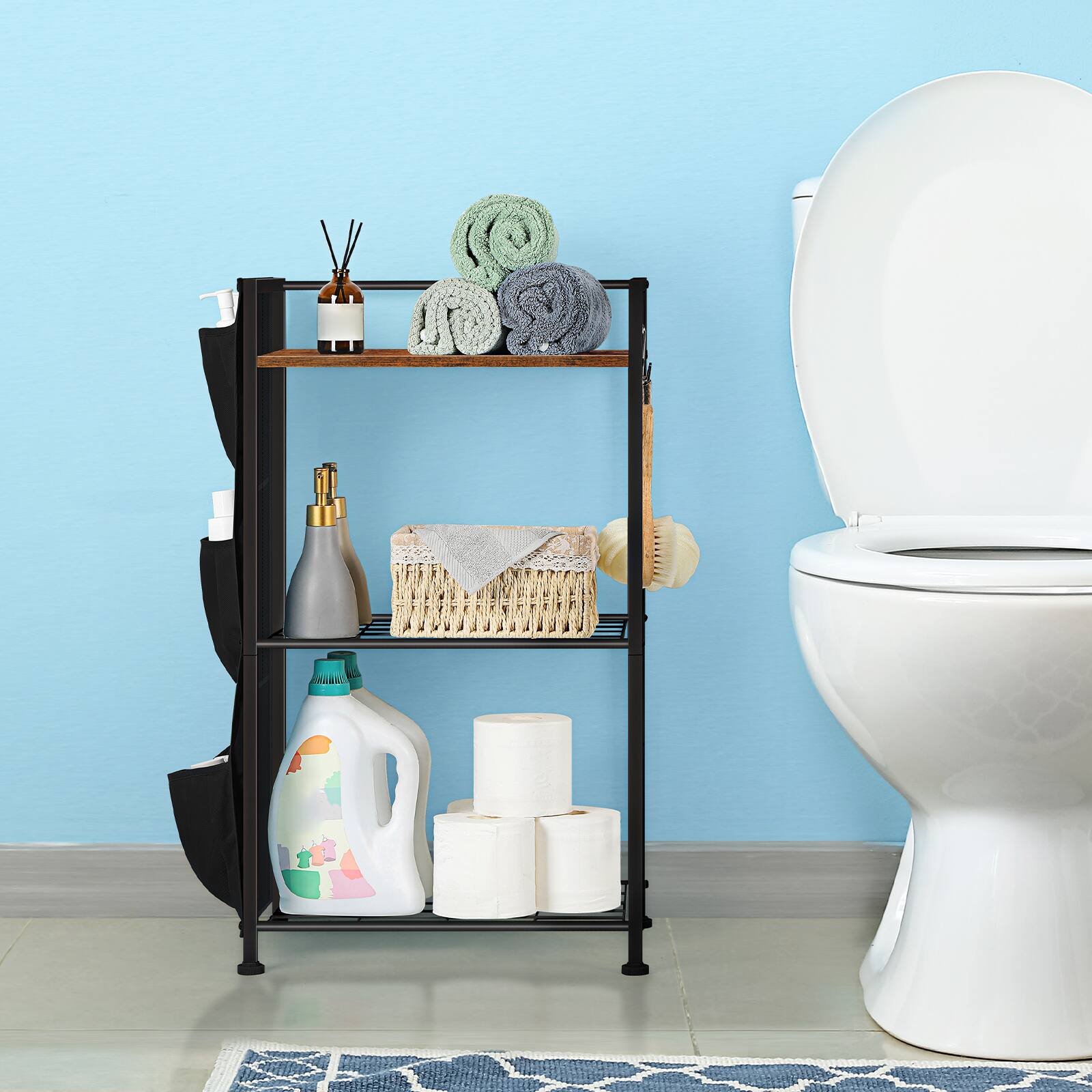 Alt View 3. Oumilen - 3-Tier Bathroom Storage Shelf with Fabric Side Pockets, Rustic Wood Top - Brown.
