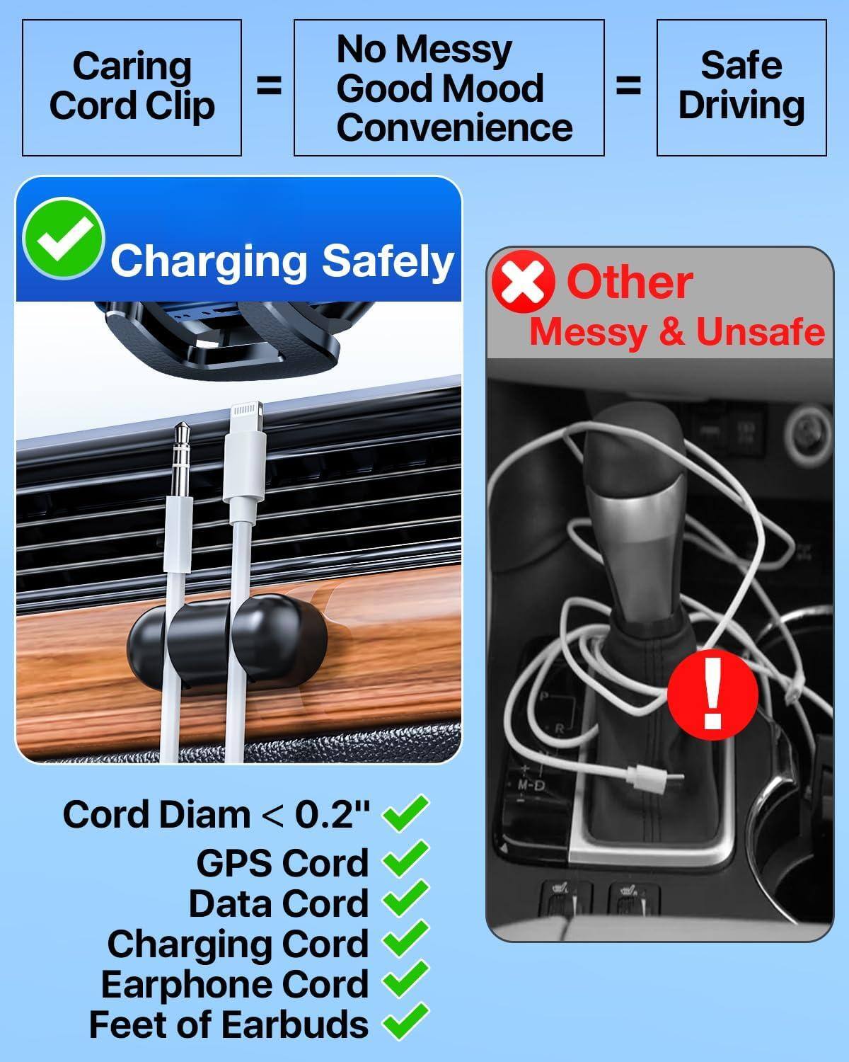 Caring Cord Clip = No Messy Good Mood Convenience = Safe Driving

Charging Safely

Cord Diam < 0.2"  
GPS Cord  
Data Cord  
Charging Cord  
Earphone Cord  
Feet of Earbuds

Other Messy & Unsafe