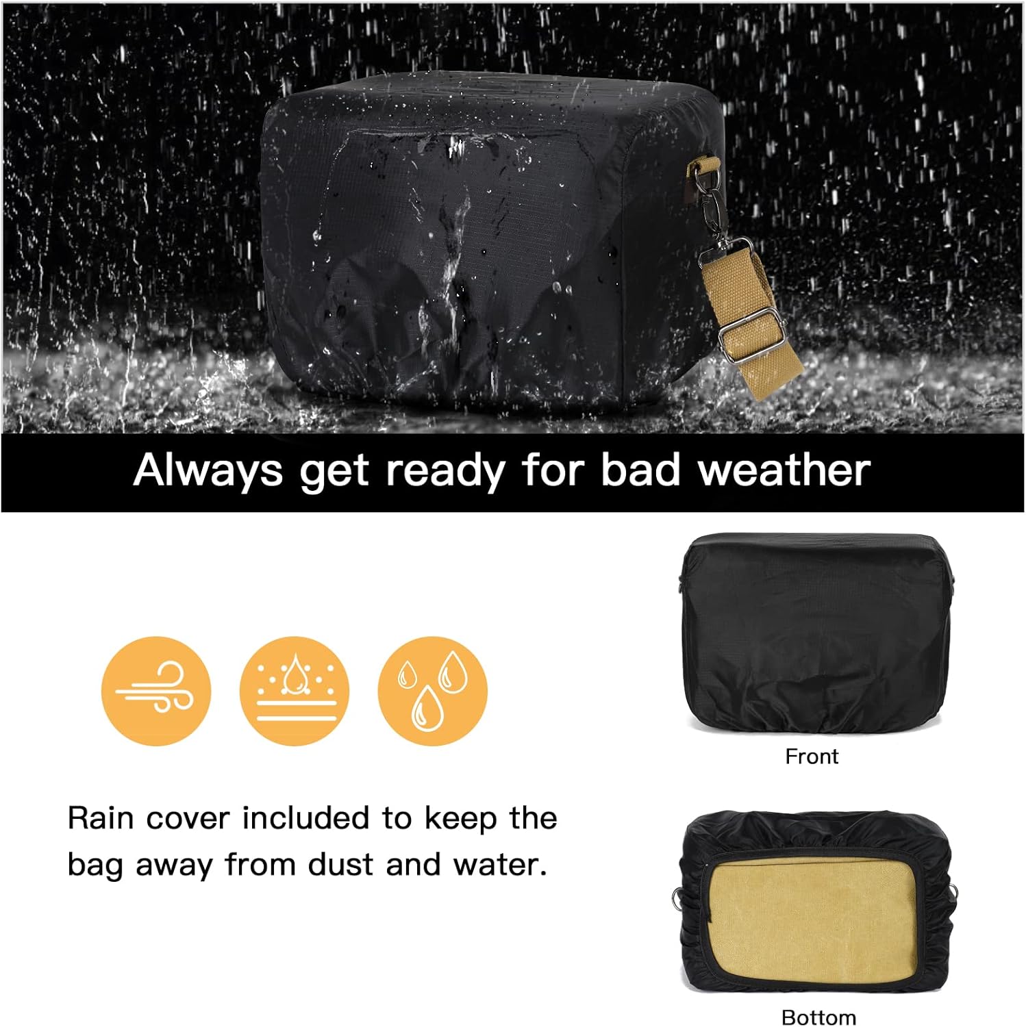 Always get ready for bad weather

Rain cover included to keep the bag away from dust and water.

Front
Bottom