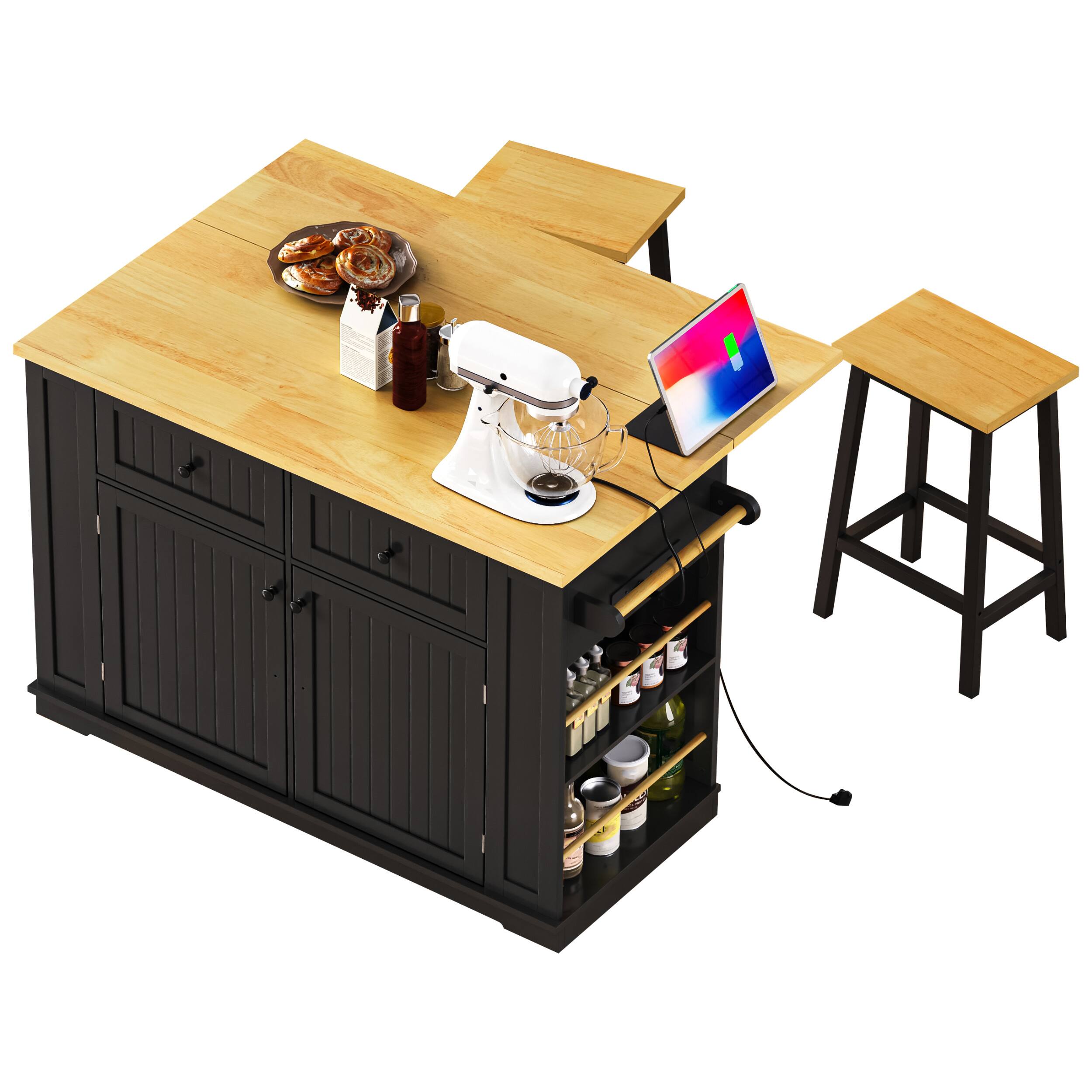 Alt View 8. Forest'nSky - 48" Rolling Kitchen Island with Drop Leaf, Power Outlet, Internal Storage Rack, and 5 Open Side Racks, Black - Black.