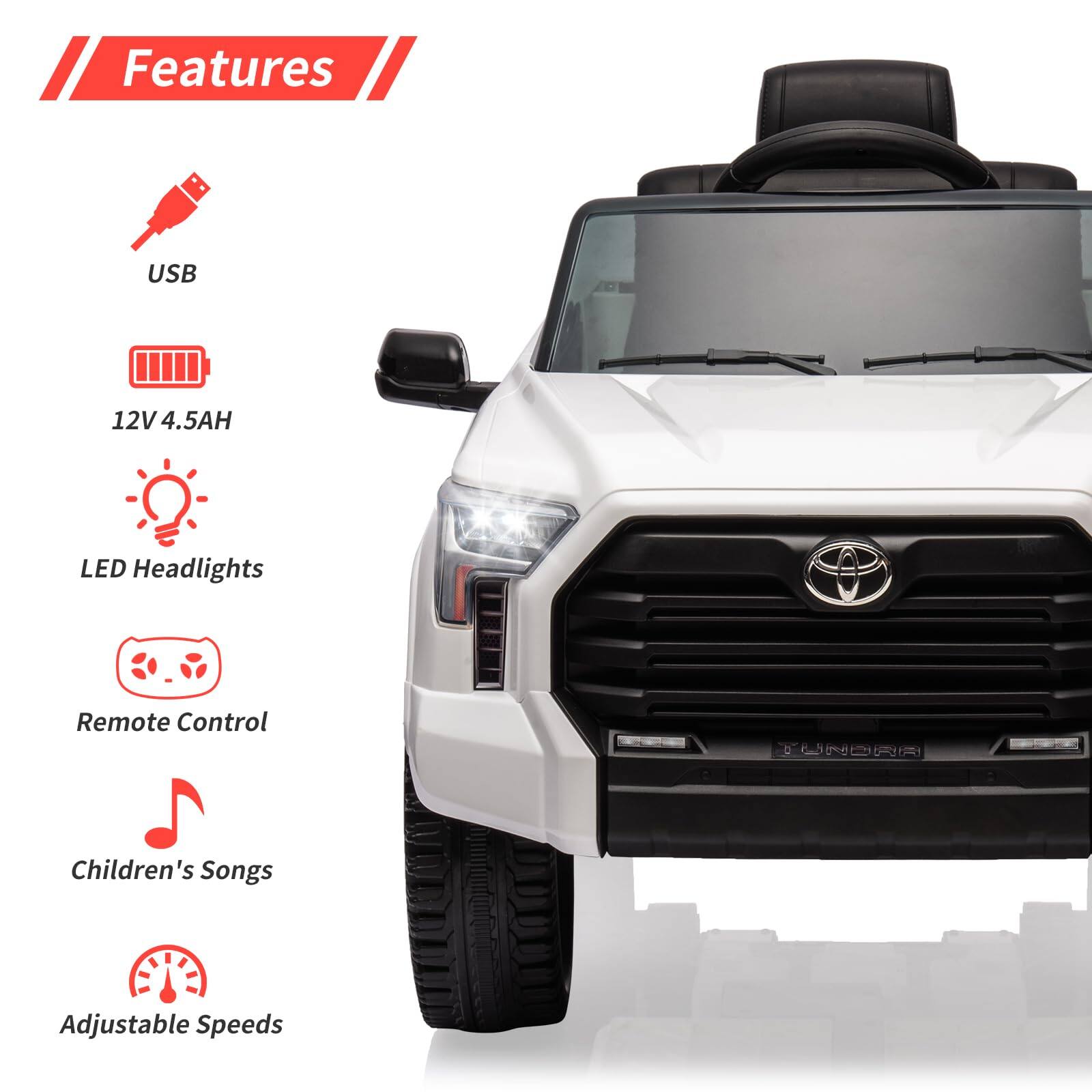 Features  
- USB  
- 12V 4.5AH  
- LED Headlights  
- Remote Control  
- Children's Songs  
- Adjustable Speeds