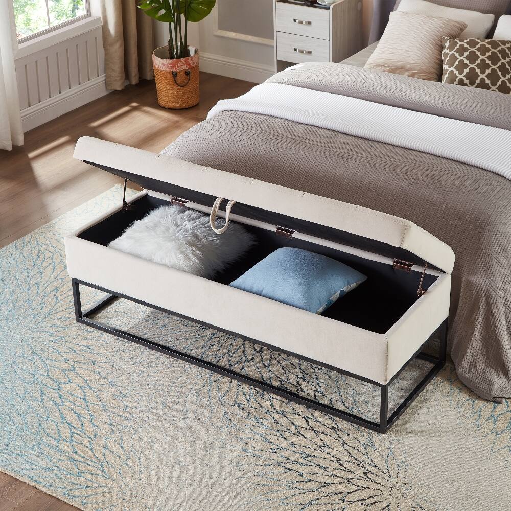 Left. Ropilly - Ropilly Beige Velvet Storage Bench Tufted Bed End Ottoman Metal Base - Beige.