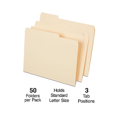 50 Folders per Pack  
Holds Standard Letter Size  
3 Tab Positions