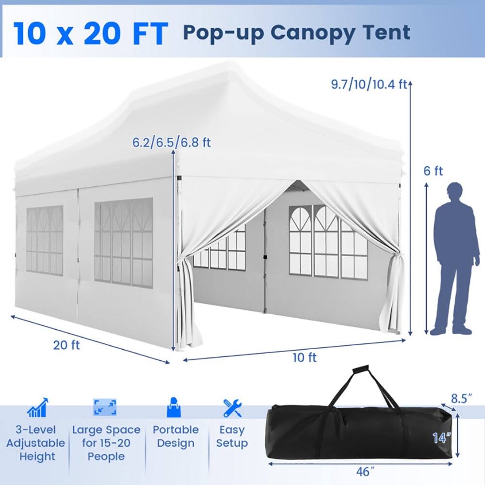 10 x 20 FT Pop-up Canopy Tent

- 9.7/10/10.4 ft (height)
- 6.2/6.5/6.8 ft (side height)
- 20 ft (width)
- 10 ft (depth)
- 6 ft (height of a person for scale)
- 3-Level Adjustable Height
- Large Space for 15-20 People
- Portable Design
- Easy Setup
- 46" (length of the bag)
- 14" (width of the bag)
- 8.5" (height of the bag)