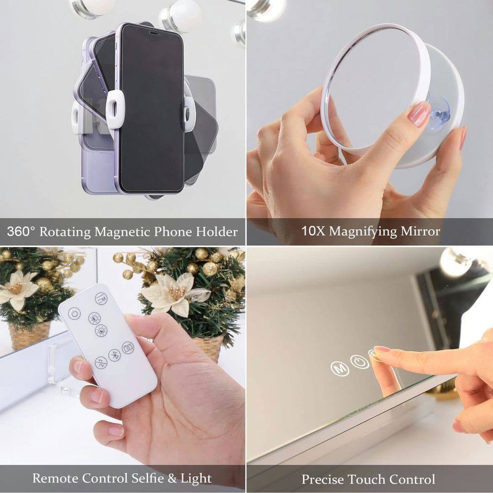 360° Rotating Magnetic Phone Holder  
10X Magnifying Mirror  
Remote Control Selfie & Light  
Precise Touch Control
