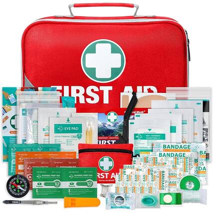 Sure, here is the corrected and grouped text from the image:
---
**First Aid Kit**
- **EYE PAD**
- 2.5" x 3" (1 PAD)
- **BANDAGE**
- NON-ADHERENT GAUZE PADS
- 2" x 2" (5 PACKS)
- **BANDAGE**
- 2" x 3" (5 PACKS)
- **BANDAGE**
- 3" x 3" (5 PACKS)
- **BANDAGE**
- 4" x 4" (5 PACKS)
- **BANDAGE**
- 5" x 5" (5 PACKS)
- **BANDAGE**
- 6" x 6" (5 PACKS)
- **BANDAGE**
- 8" x 8" (5 PACKS)
- **BANDAGE**
- 10" x 10" (5 PACKS)
- **BANDAGE**
- 12" x 12" (5 PACKS)
- **BANDAGE**
- 14" x 14" (5