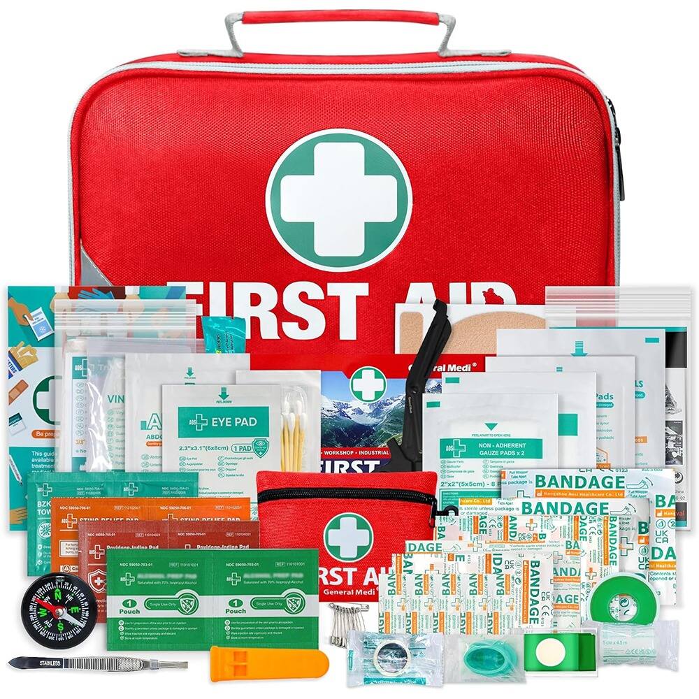 Sure, here is the corrected and grouped text from the image:

---

**First Aid Kit**

- **EYE PAD**
  - 2.5" x 3" (1 PAD)

- **BANDAGE**
  - NON-ADHERENT GAUZE PADS
  - 2" x 2" (5 PACKS)

- **BANDAGE**
  - 2" x 3" (5 PACKS)

- **BANDAGE**
  - 3" x 3" (5 PACKS)

- **BANDAGE**
  - 4" x 4" (5 PACKS)

- **BANDAGE**
  - 5" x 5" (5 PACKS)

- **BANDAGE**
  - 6" x 6" (5 PACKS)

- **BANDAGE**
  - 8" x 8" (5 PACKS)

- **BANDAGE**
  - 10" x 10" (5 PACKS)

- **BANDAGE**
  - 12" x 12" (5 PACKS)

- **BANDAGE**
  - 14" x 14" (5