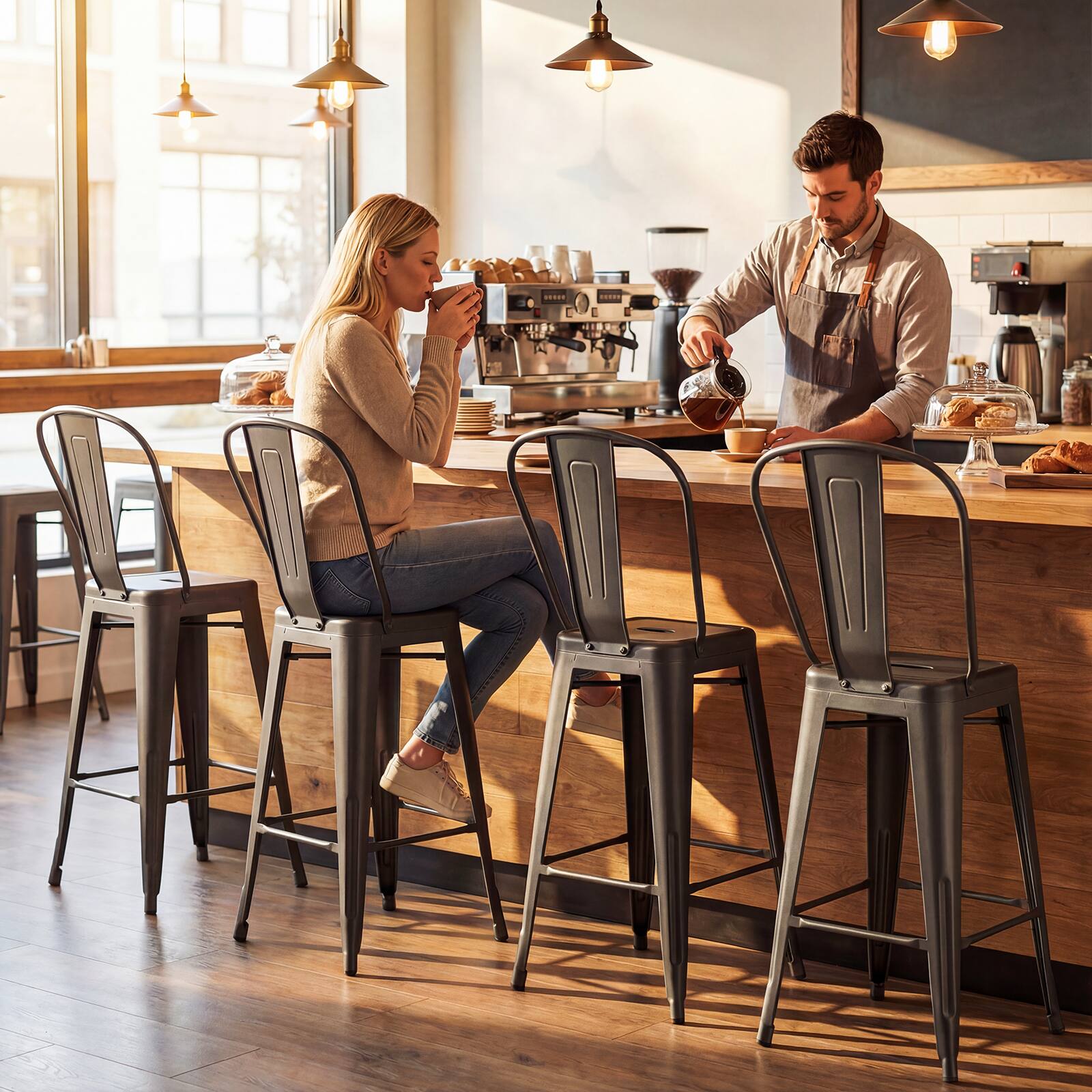 Alt View 5. Gymax - Gymax Metal Bar Stools Set of 4 24'' Counter Height Barstools w/ Backrests&Footrests Gun Metal - Brown.