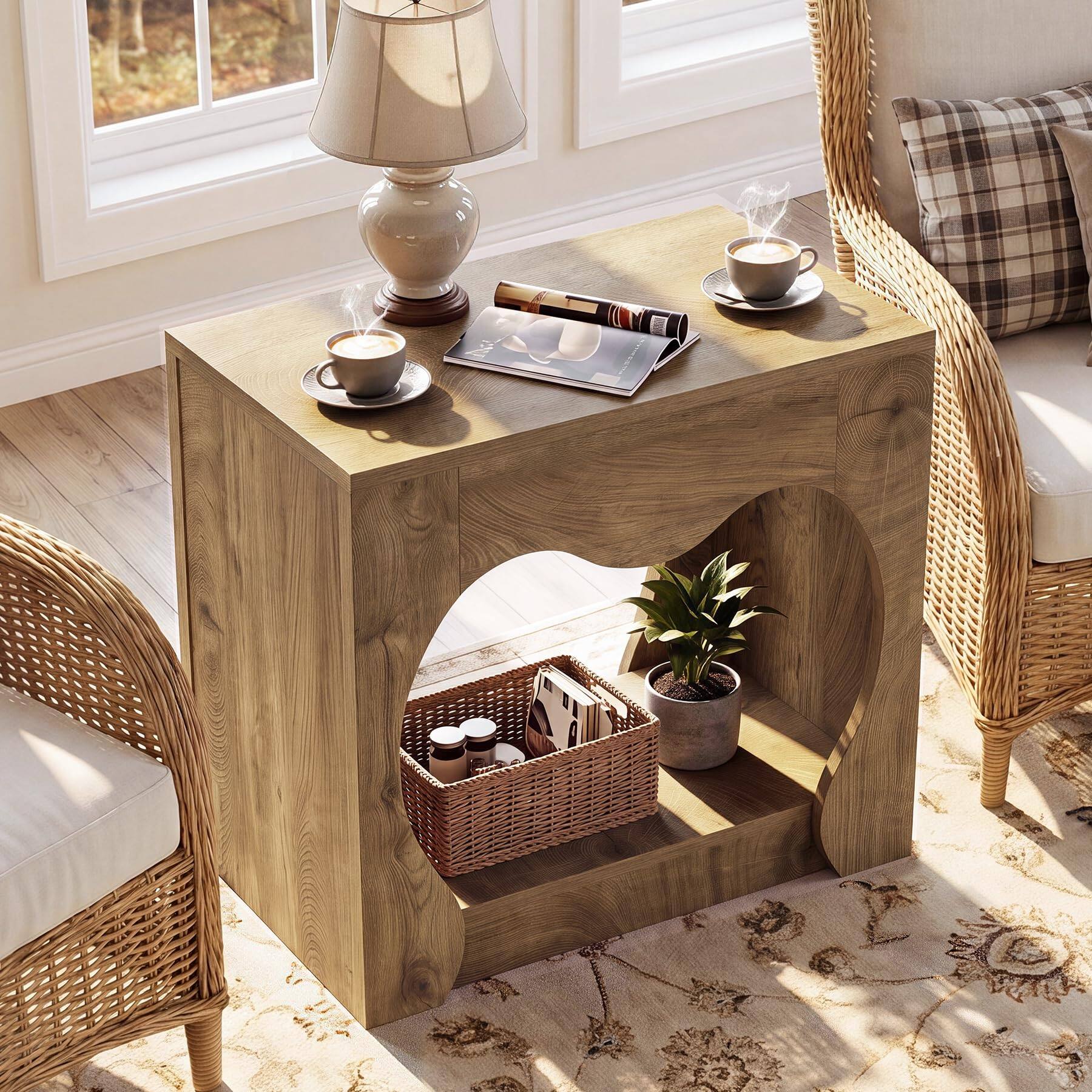 Alt View 2. Tribesigns - Wood End Table, 2-Tier Farmhouse Side Table with Storage Shelves - Natural Brown.