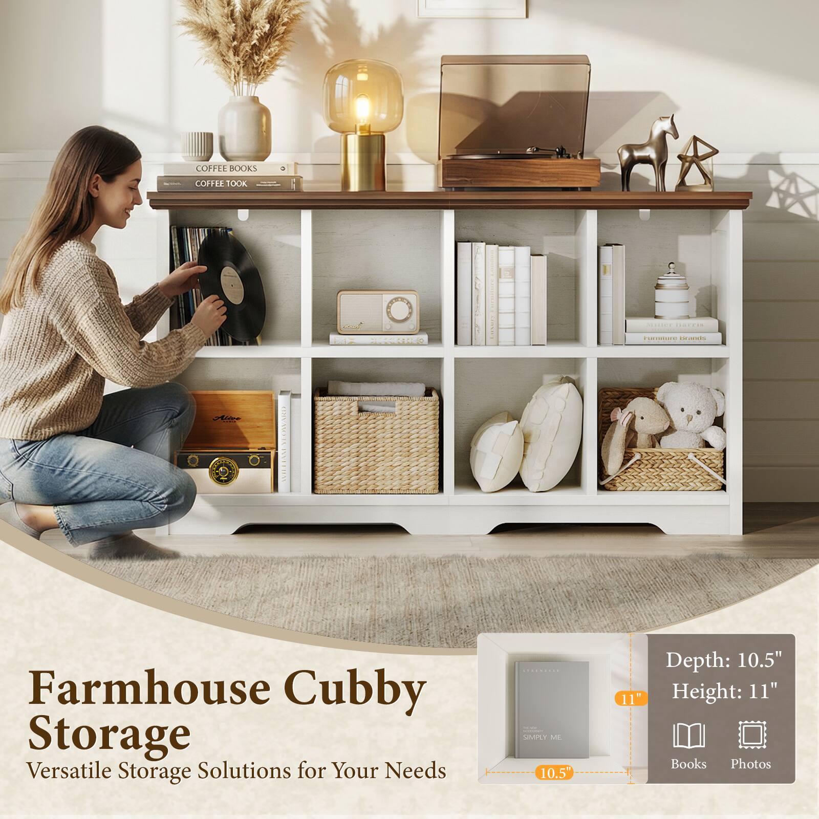 COFFEE BOOKS  
COFFEE TOOK  

Farmhouse Cubby Storage  
Versatile Storage Solutions for Your Needs  

Depth: 10.5"  
Height: 11"  

Books  
Photos