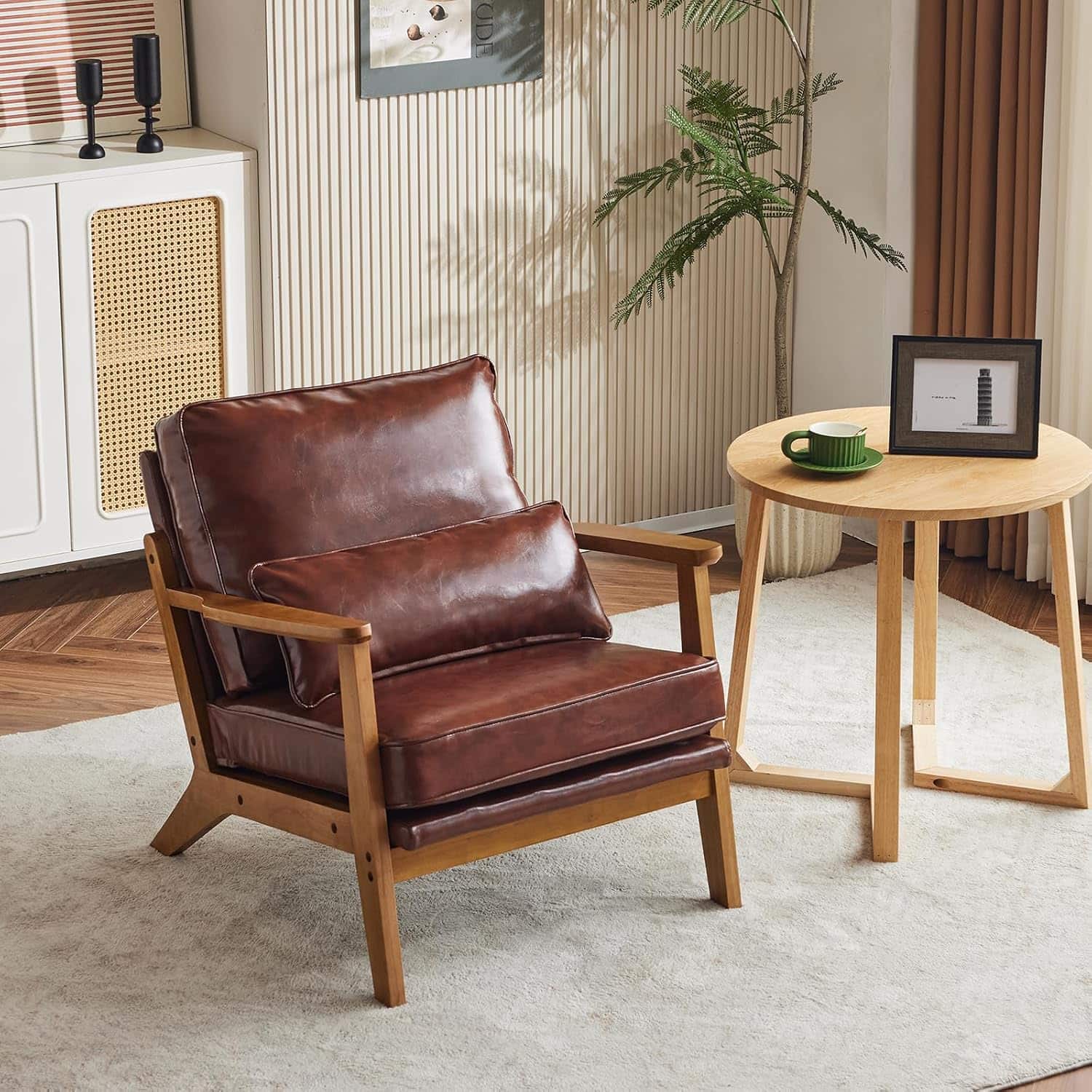 Winado - Solid Wood Wide Armrests Accent Mid Century Modern Chair,Upholstered with Pillow,Reading Chair for Living Room,Bedroom - Faux Leather-Espresso