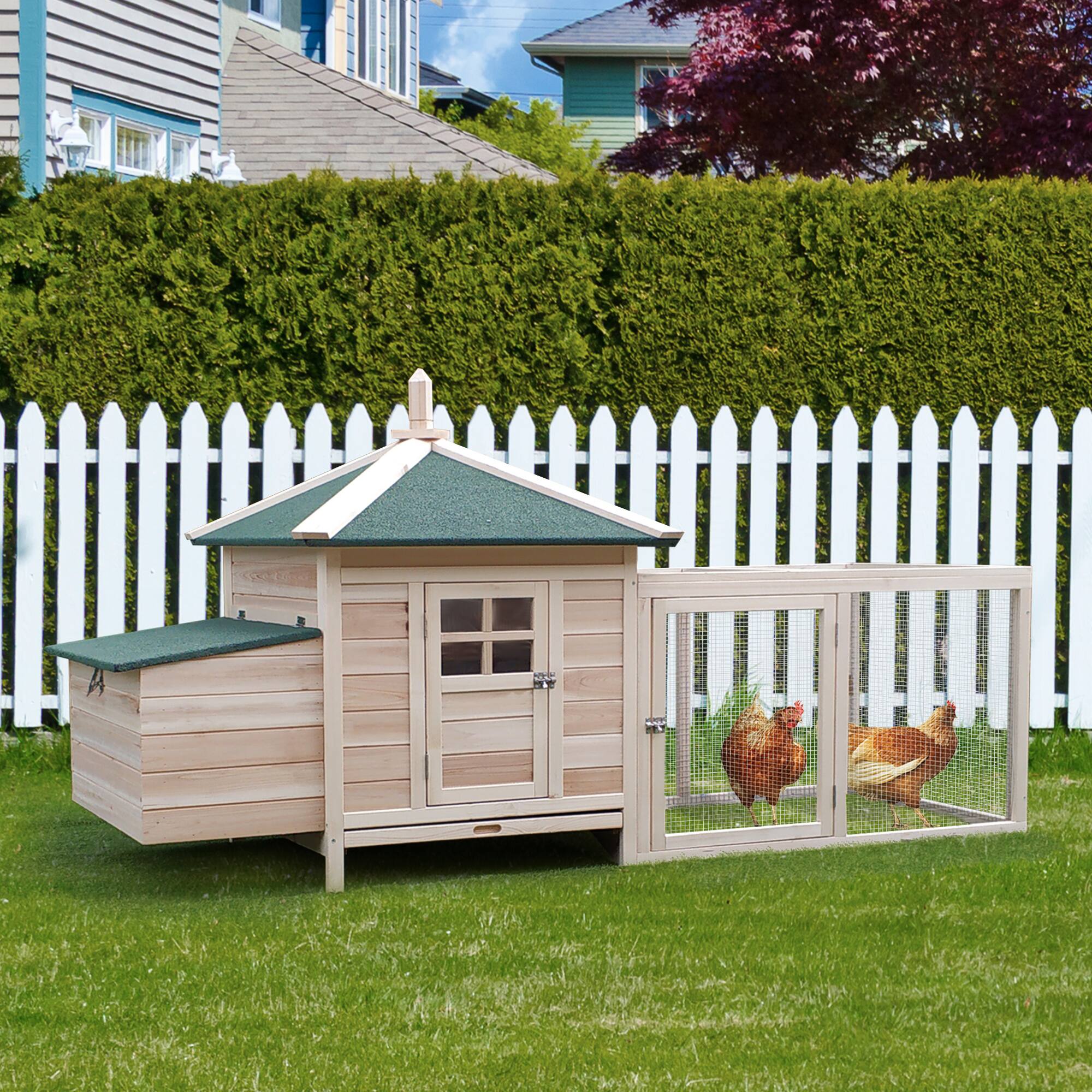 Angle. Pawhut - 77" Wooden Chicken Coop with Nesting Box, Cute Outdoor Hen House with Removable Tray, Ramp Run, for Garden Backyard.