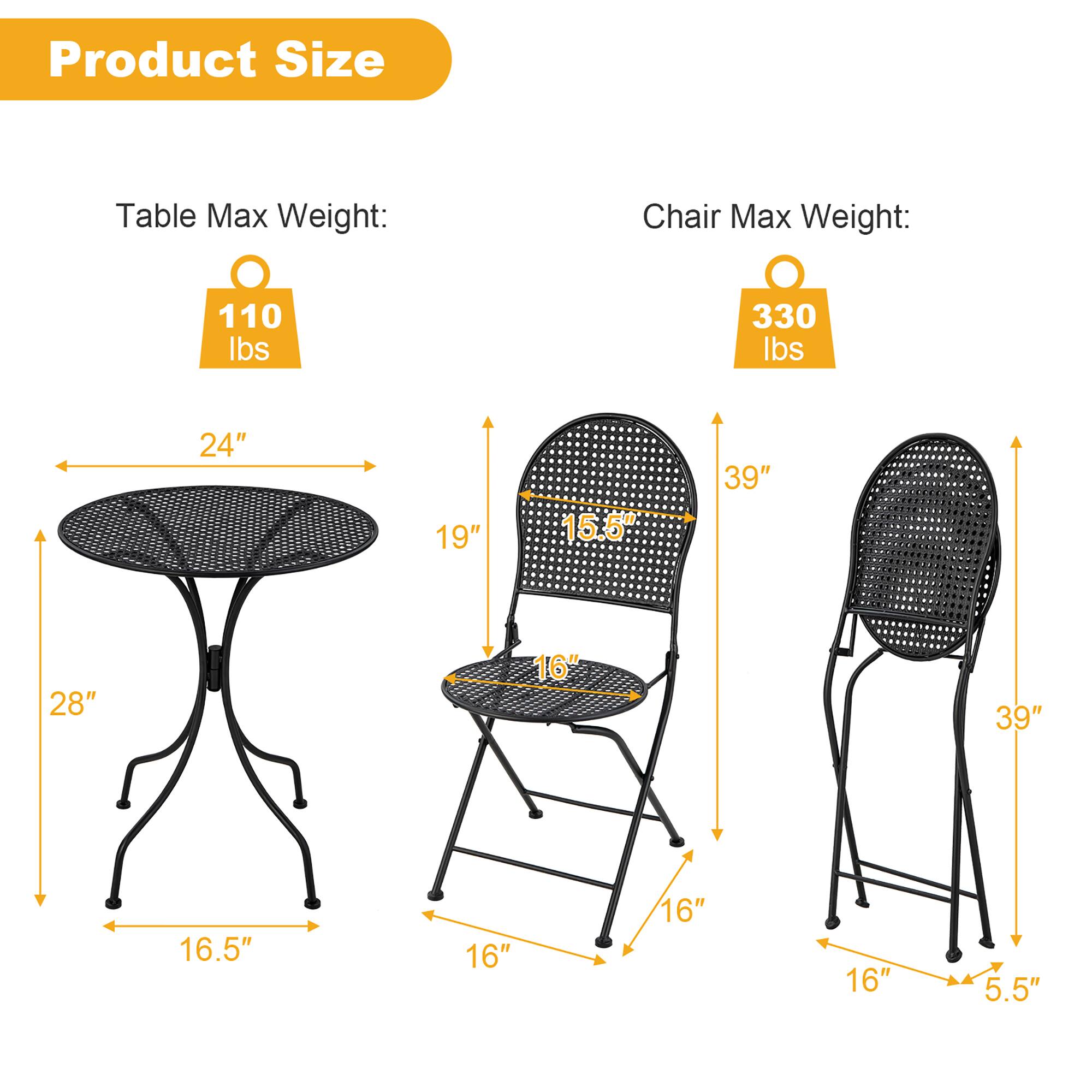 Product Size  
Table Max Weight: 110 lbs  
Chair Max Weight: 330 lbs  

Table:  
- Diameter: 24"  
- Height: 28"  
- Seat Height: 16.5"  

Chair:  
- Height: 39"  
- Seat Height: 16"  
- Seat Diameter: 16"  
- Back Height: 39"  
- Armrest Height: 16"  
- Seat Depth: 16"  
- Seat Width: 16"  
- Armrest Width: 5.5"