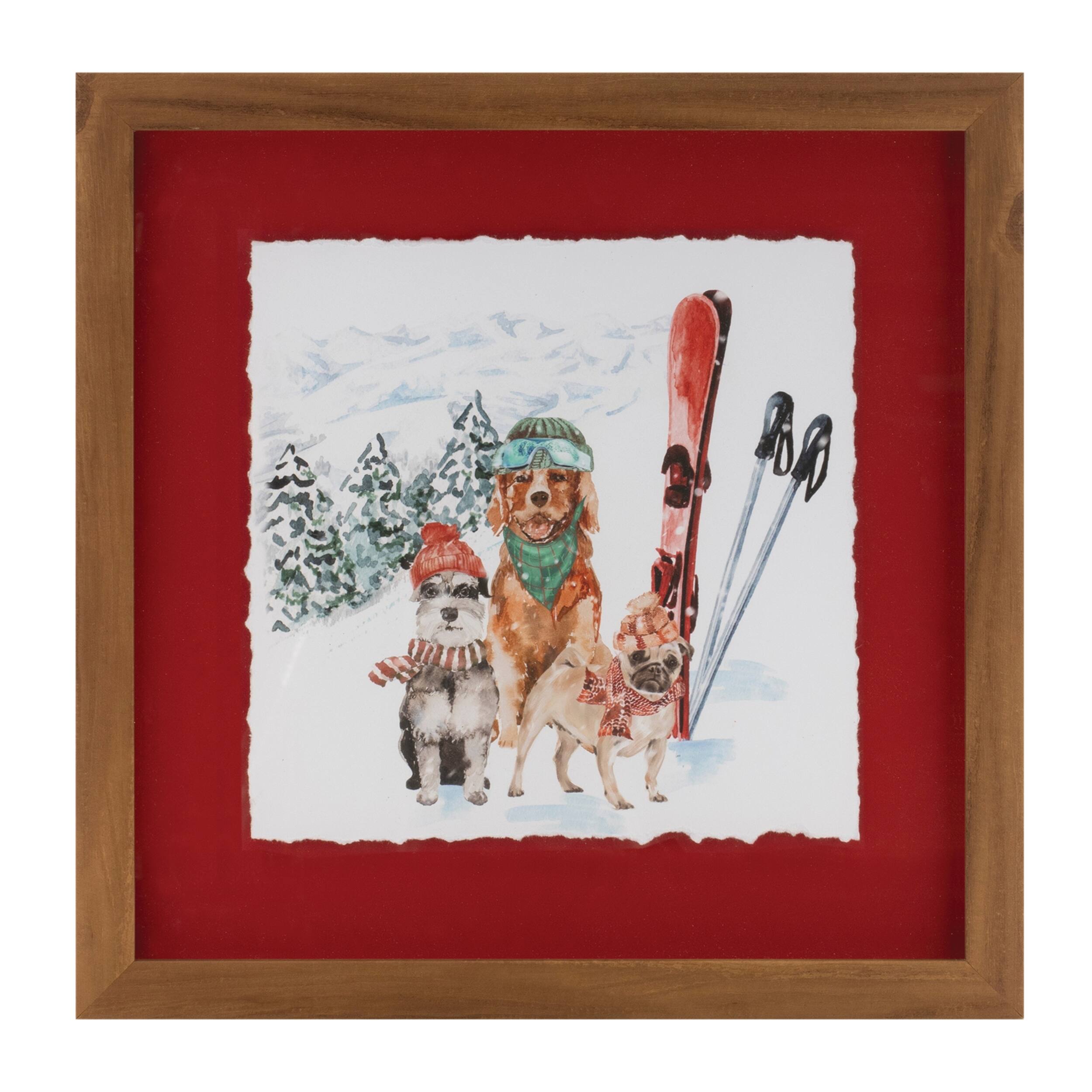 Back. BreeBe - Framed Dog Sled and Ski Print Under Glass (Set of 2) - Red, White, Brown.
