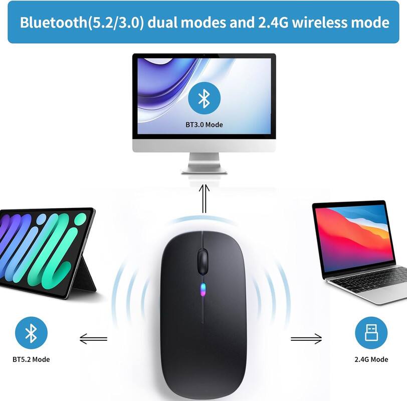 Bluetooth(5.2/3.0) dual modes and 2.4G wireless mode

- BT3.0 Mode
- BT5.2 Mode
- 2.4G Mode