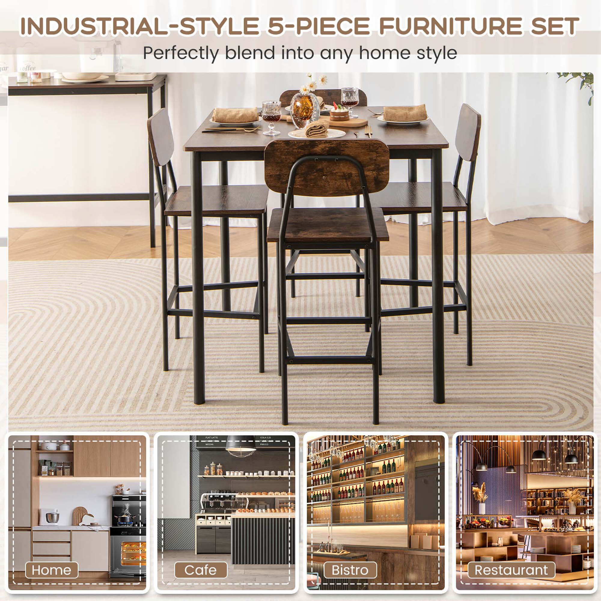 INDUSTRIAL-STYLE 5-PIECE FURNITURE SET: Perfectly blend into any home style. Offered at Home, Cafe, Bistro, and Restaurant.