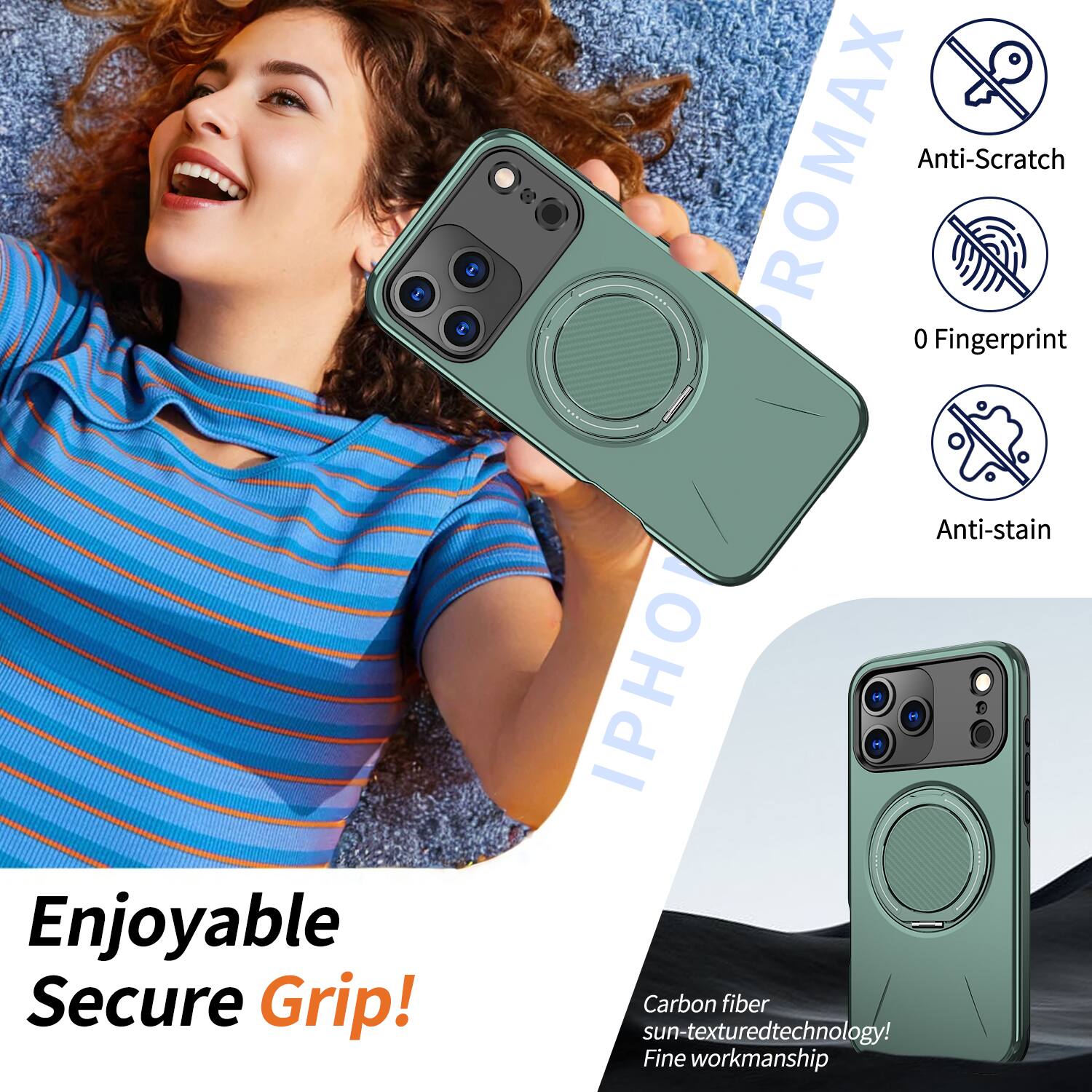 I ROMAX Anti-Scratch 0 Fingerprint Enjoyable Secure Grip! Anti-stain IPHO Carbon fiber sun-textured technology! Fine workmanship