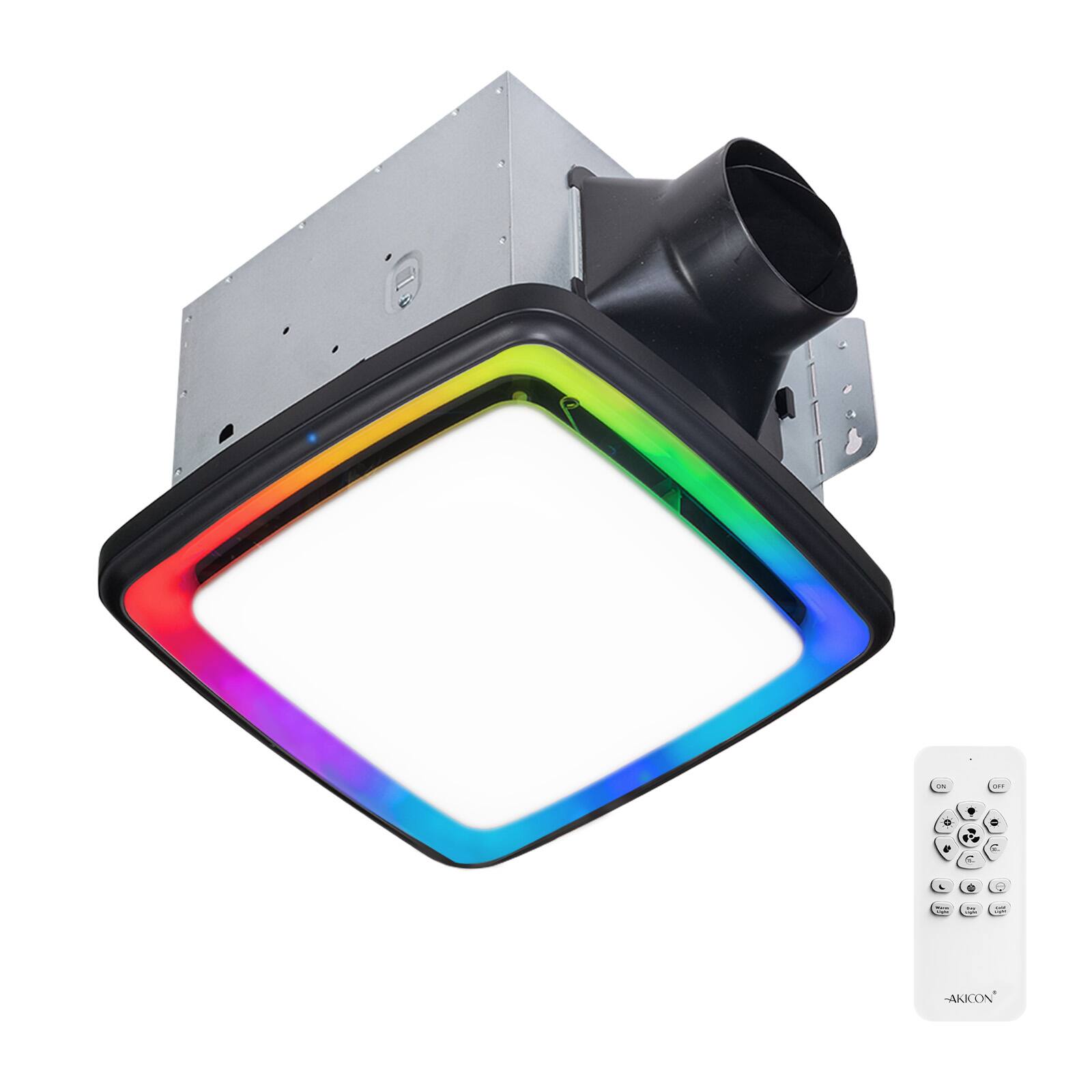 Akicon - RGB1 110 CFM 1.5 Sone Ceiling Bathroom Exhaust Fan with Dimmable and RGB Light, Remote, Humidity Sensor, Square - Black