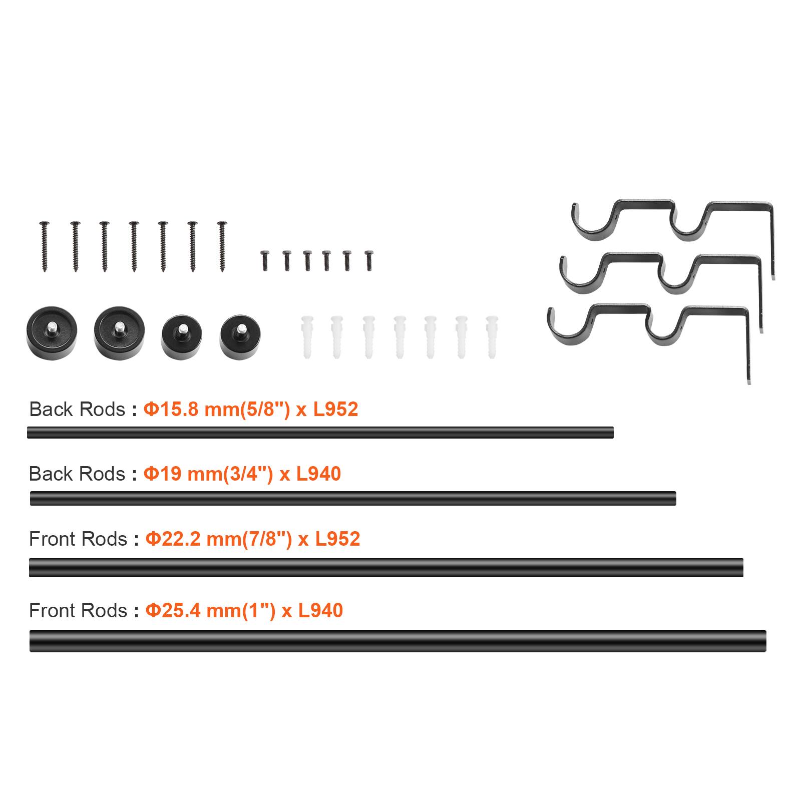 Back Rods: Ø15.8 mm (5/8") x L952  
Back Rods: Ø19 mm (3/4") x L940  
Front Rods: Ø22.2 mm (7/8") x L952  
Front Rods: Ø25.4 mm (1") x L940