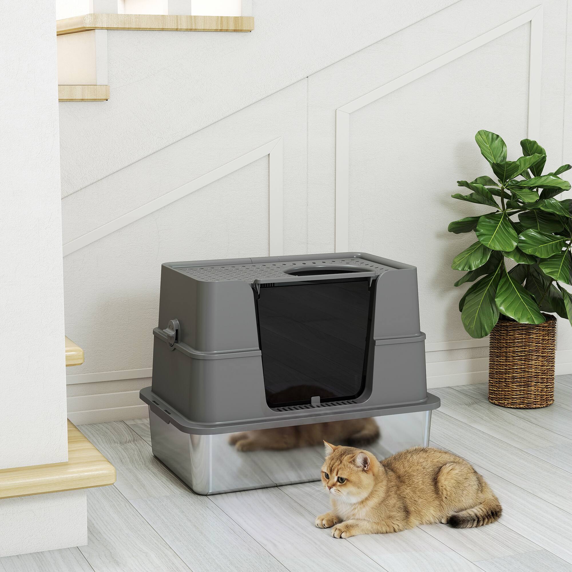 Alt View 8. Pawhut - Stainless Steel Litter Box w/ 100° Flip Top, Scoop - Dark Gray.