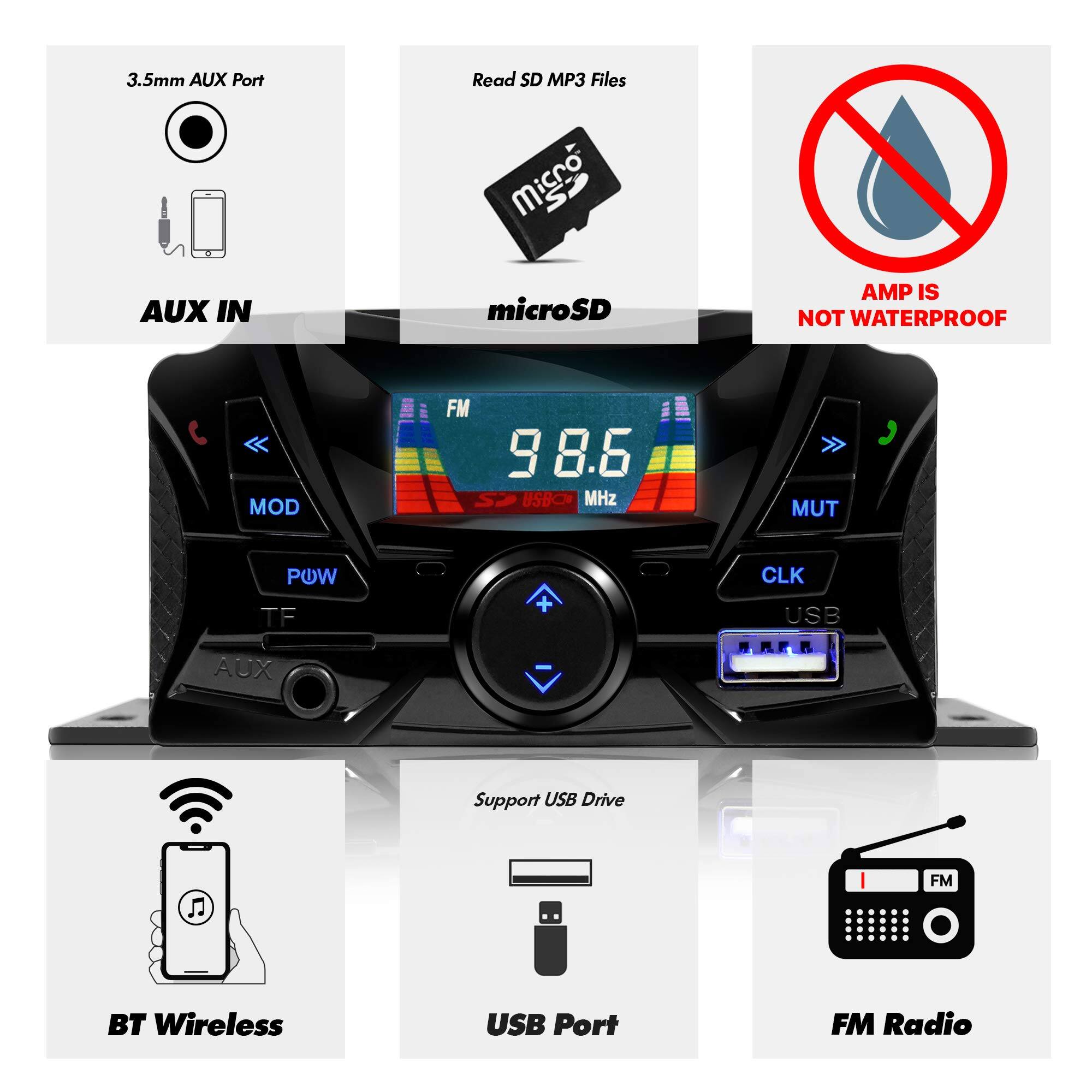 3.5mm AUX Port  
Read SD MP3 Files  
Micro AUX IN  
microSD  
AMP IS NOT WATERPROOF  
MOD  
FM  
B8.5  
SP  
USB  
MHz  
MUT  
CLK  
TF  
USB  
AUX  
USB Drive  
BT Wireless  
USB Port  
FM Radio
