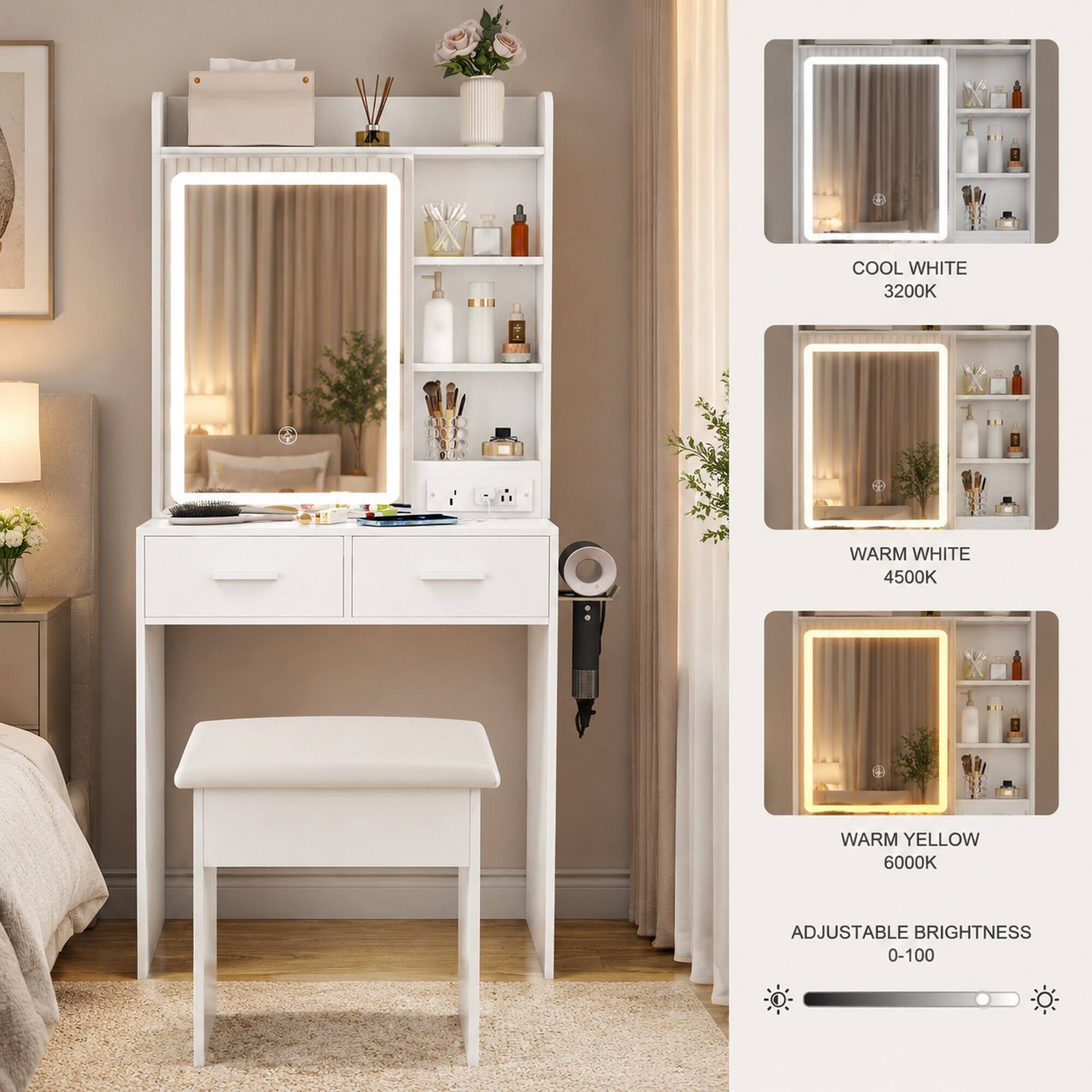 COOL WHITE 3200K  
WARM WHITE 4500K  
WARM YELLOW 6000K  
ADJUSTABLE BRIGHTNESS 0-100